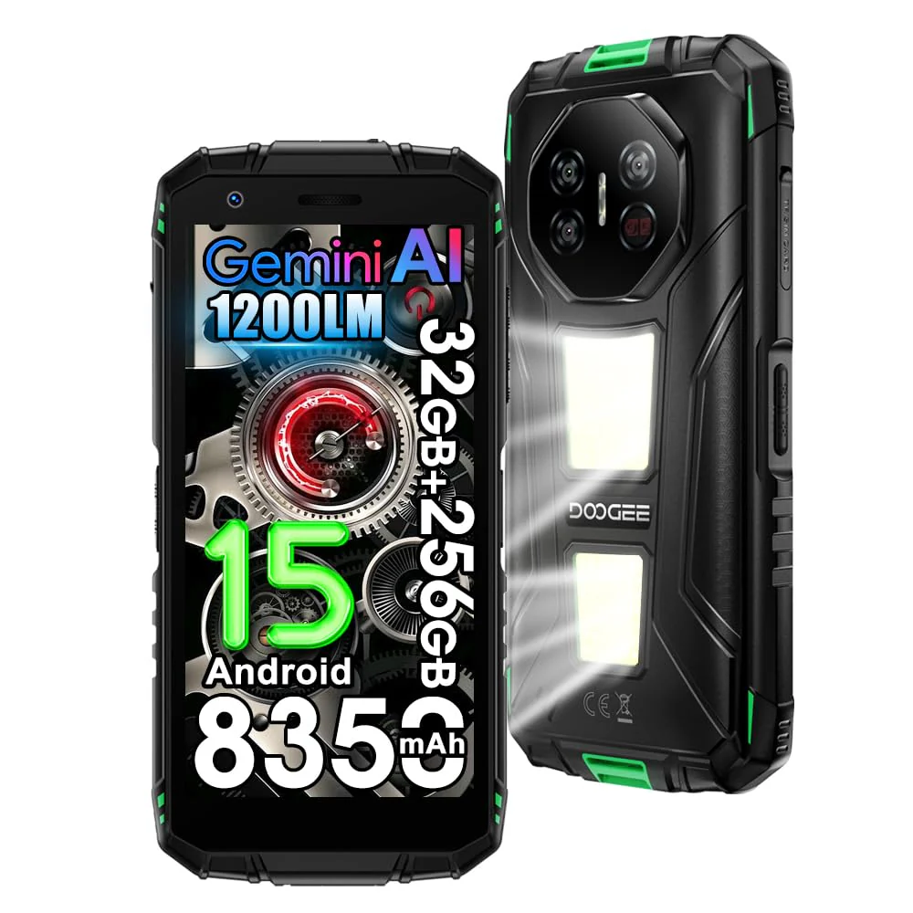 DOOGEE Fire 3 Max 1200LM Campingleuchten 4G Outdoor Handy Ohne Vertrag,8350mAh/18W,32GB+256GB/2TB Android 15 Robuste Smartphone,5.5''HD+,48MP+20MP Nachtsicht Baustellenhandy,NFC/Widevine L1 (Grün)