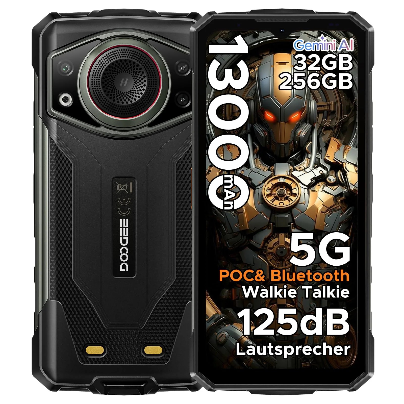 DOOGEE Fire 7 Ultra 5G Outdoor Handy ohne Vertrag, 32GB RAM/256GB ROM(2TB) 125dB Lautsprecher, POC & BT Walkie Talkie, 13000mAh Großer Akku Handy, 64+16MP Outdoor Smartphone, Gemini AI/NFC/OTG/GPS/SOS