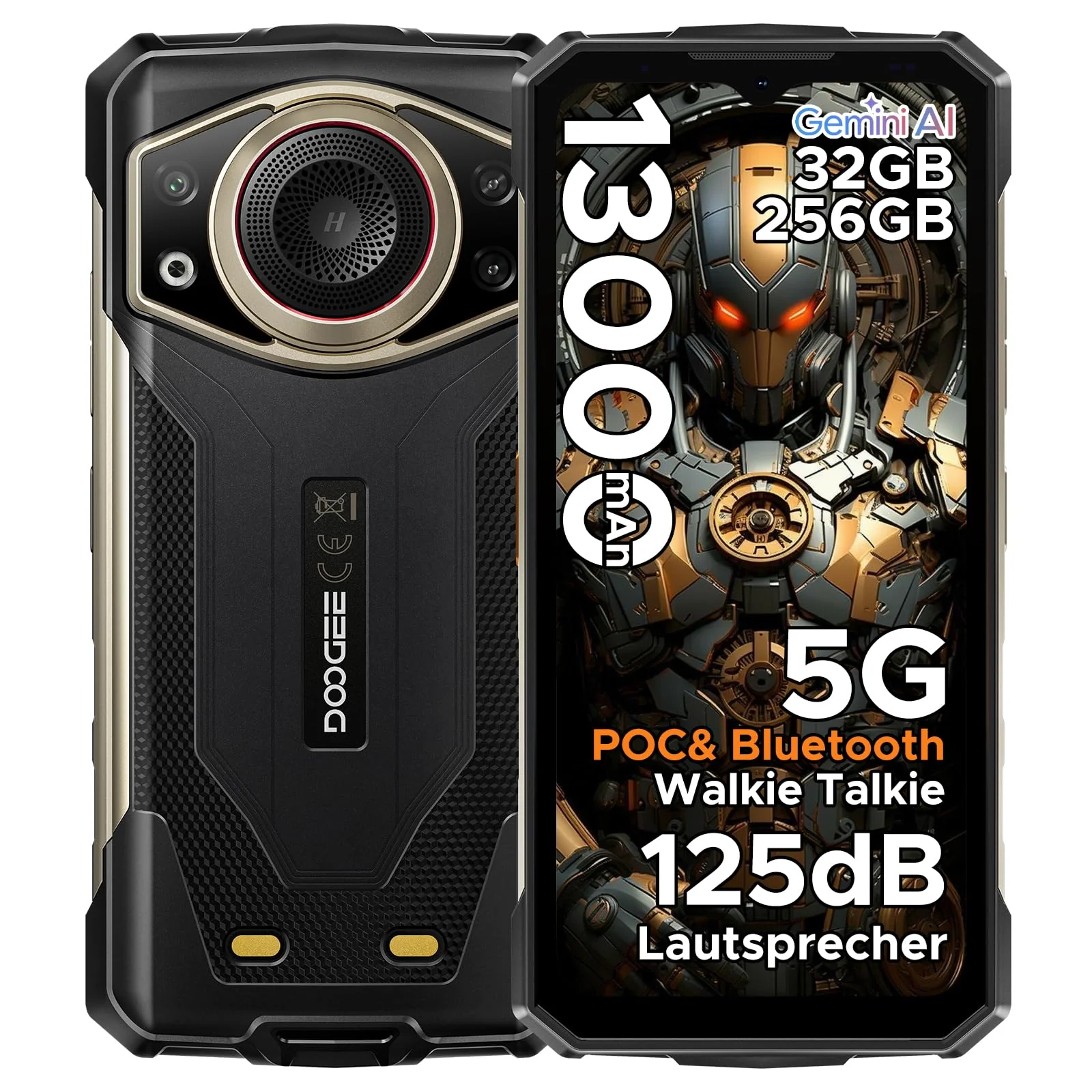 DOOGEE Fire 7 Ultra 5G Outdoor Handy ohne Vertrag, 32GB RAM/256GB ROM(2TB) 125dB Lautsprecher, POC & BT Walkie Talkie, 13000mAh Großer Akku Handy, 64+16MP Outdoor Smartphone, Gemini AI/NFC/OTG/GPS/SOS