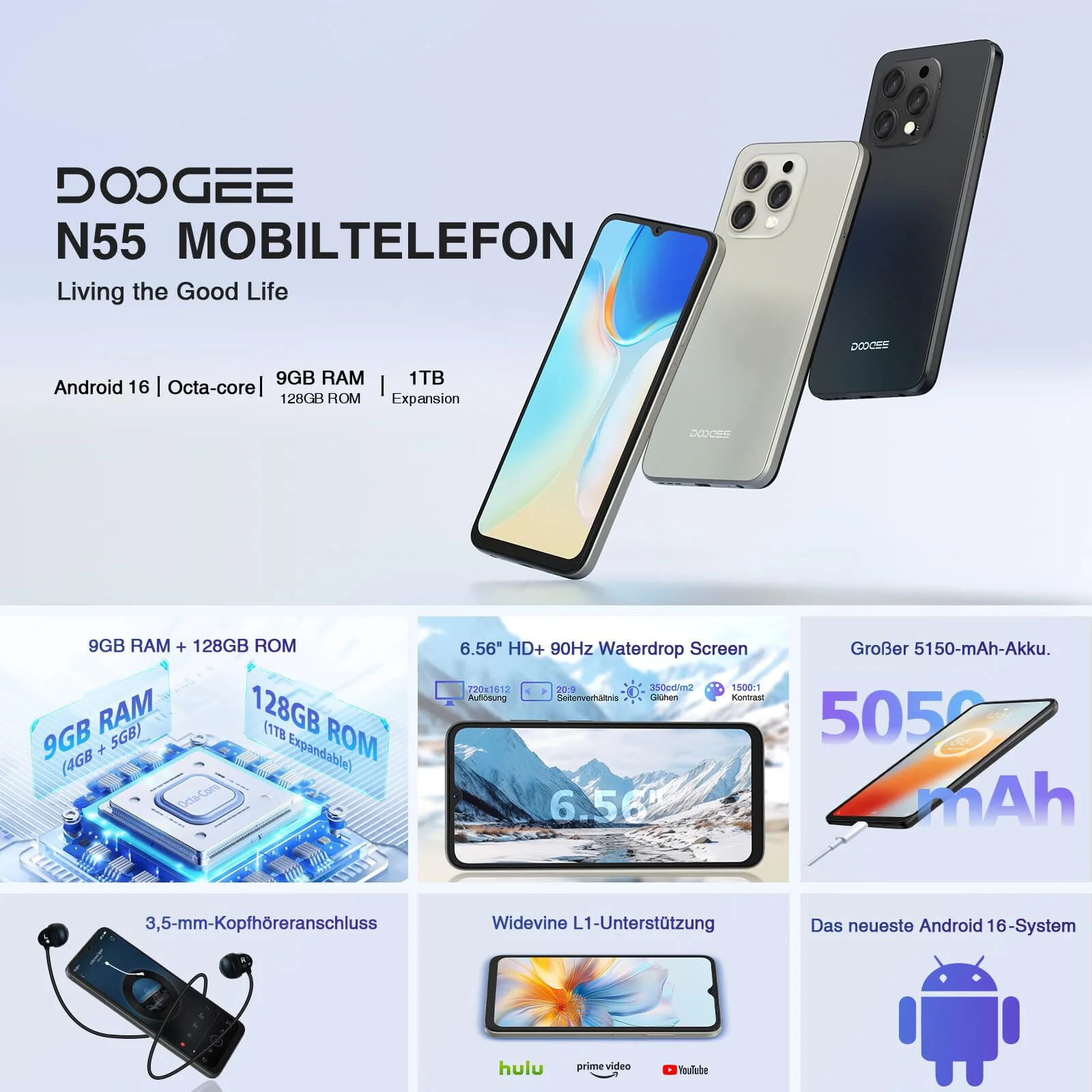 DOOGEE N55 Android 16 Smartphone Ohne Vertrag 128GB ROM +16GB RAM(2TB TF) Handy Ohne Vertrag, Octa Core 90Hz 6.56" HD+ Smartphone Günstig 5150mAh 13MP+8MP, Dual 4G Simlockfreie Handys, Face ID/GPS/OTG - Image 9