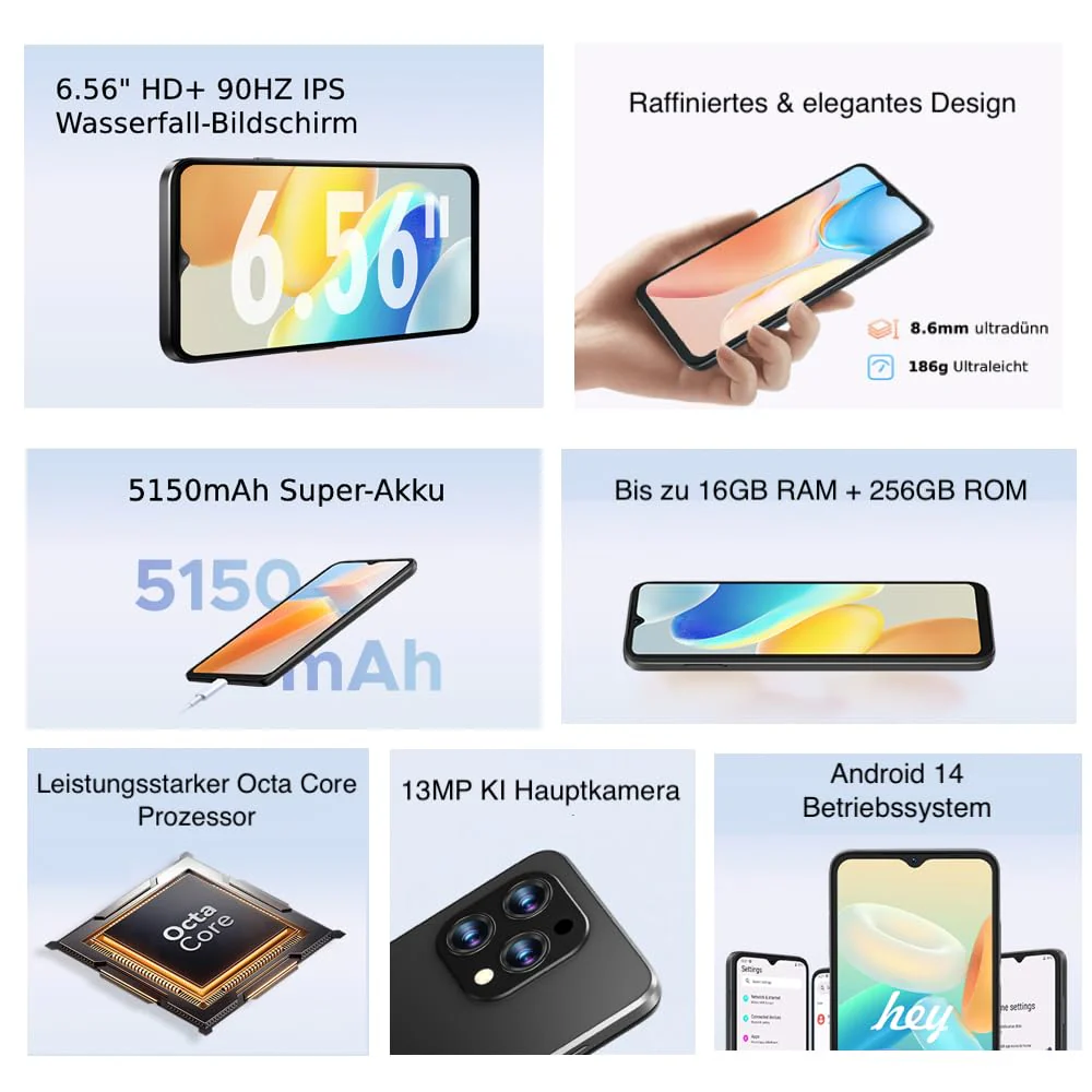 DOOGEE N55 Pro Smartphone ohne Vertrag, 16GB RAM + 256GB Speicher, Android 14 Handy, 6.56 Zoll HD+ Display, Octa-Core, 13MP+8MP AI Kamera, 5150mAh Akku, Dual SIM 4G, GPS, Blau - Image 7