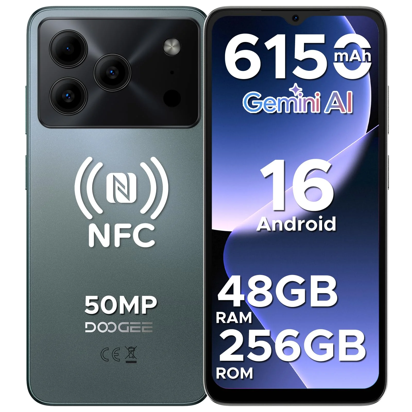 DOOGEE Note 56 Plus AI Android 16 Smartphone Ohne Vertrag, 48GB+256GB/2TB TF, Handy ohne vertrag 50MP AI Kamera, T7225 Octa Core 6150mAh Akku Handy, 6.56" HD+ 90Hz, Widevine L1/NFC/Face/Fingerabdruck