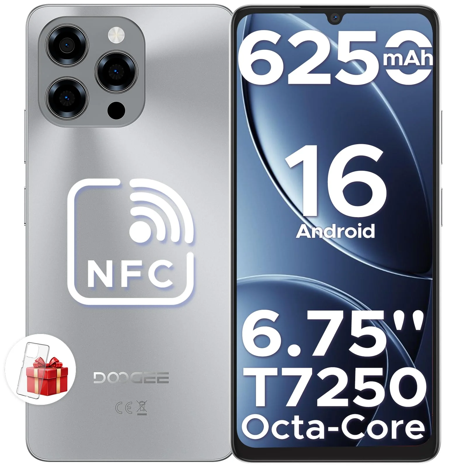 DOOGEE Note 58 Android 16 Handy Ohne Vertrag, 6250mAh, 32(8+24) GB+128GB/2TB TF Smartphone, 6.75" HD+ IPS T7250 Octa Core Handy Günstig, 16MP+8MP, Dual SIM 4G Simlockfreie Handys, OTG, GPS, Face ID