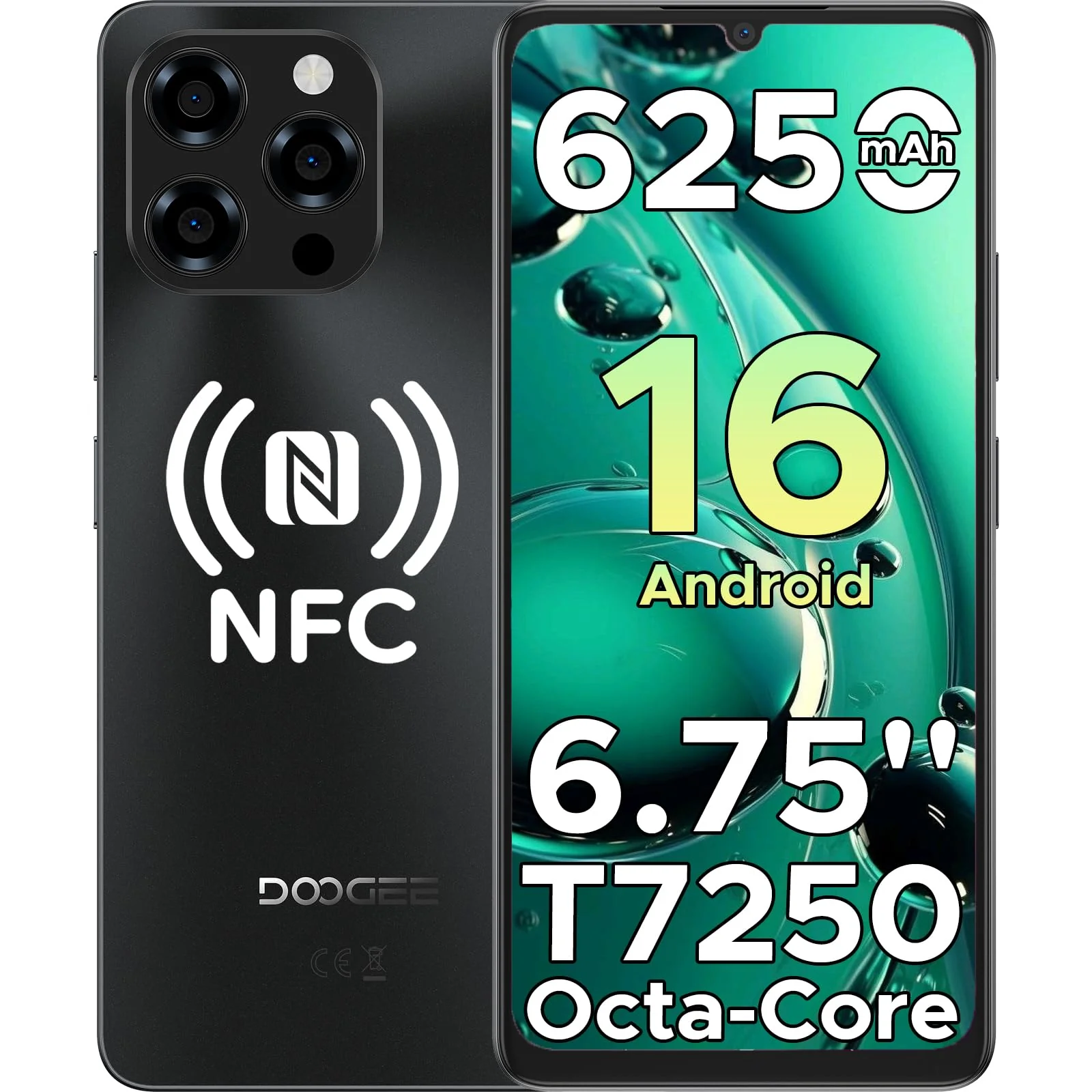 DOOGEE Note 58 Pro Android 16 Smartphone Ohne Vertrag 32GB+256GB Octa Core 6250mAh Akku Handy Ohne Vertrag 6.75" HD+ 90Hz Handy Günstig 16MP+8MP Simlockfreie Handys Dual SIM 4G/ GPS/NFC/Fingerabdruck