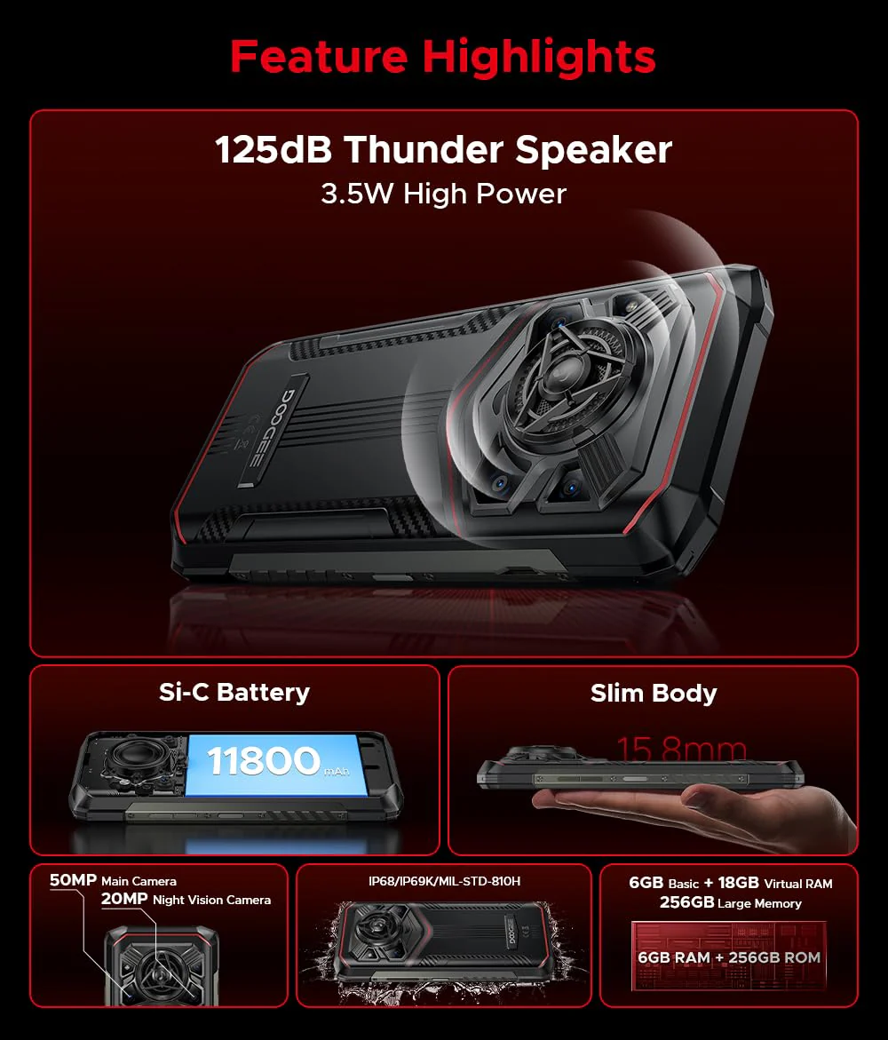 DOOGEE Outdoor Smartphone Blade 20 Pro, 24GB+256GB, 125dB Lautsprecher(3,5W), 11800mAh Akku&15,8mm Schlank, 50MP+20MP Nachtsicht, Android 15 Gemini KI, 6,6" HD+, 3 Kartensteckplätze, GPS NFC Rot - Image 9