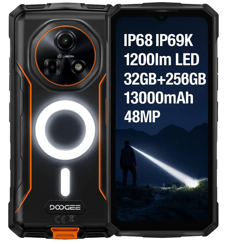 DOOGEE Outdoor Smartphone Fire 5 Ultra, 1200LM Dual-Camping-Lichter, 32GB+256GB, 13000mAh Akku, 48MP Kamera, 6,6" HD+, Gemini AI, IP68 Simlockfreie Robustes Handy, 3 Karten-Slots, GPS NFC Orange
