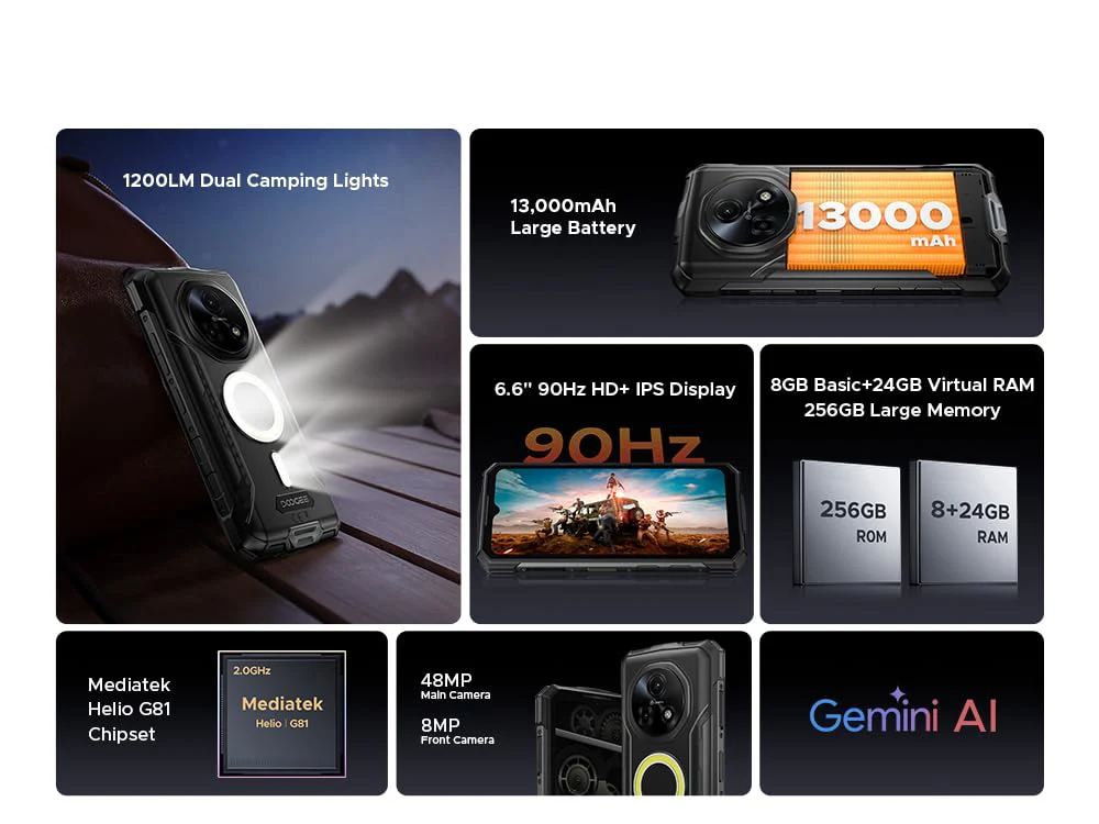 DOOGEE Outdoor Smartphone Fire 5 Ultra, 1200LM Dual-Camping-Lichter, 32GB+256GB, 13000mAh Akku, 48MP Kamera, 6,6" HD+, Gemini AI, IP68 Simlockfreie Robustes Handy, 3 Karten-Slots, GPS NFC Orange - Image 8