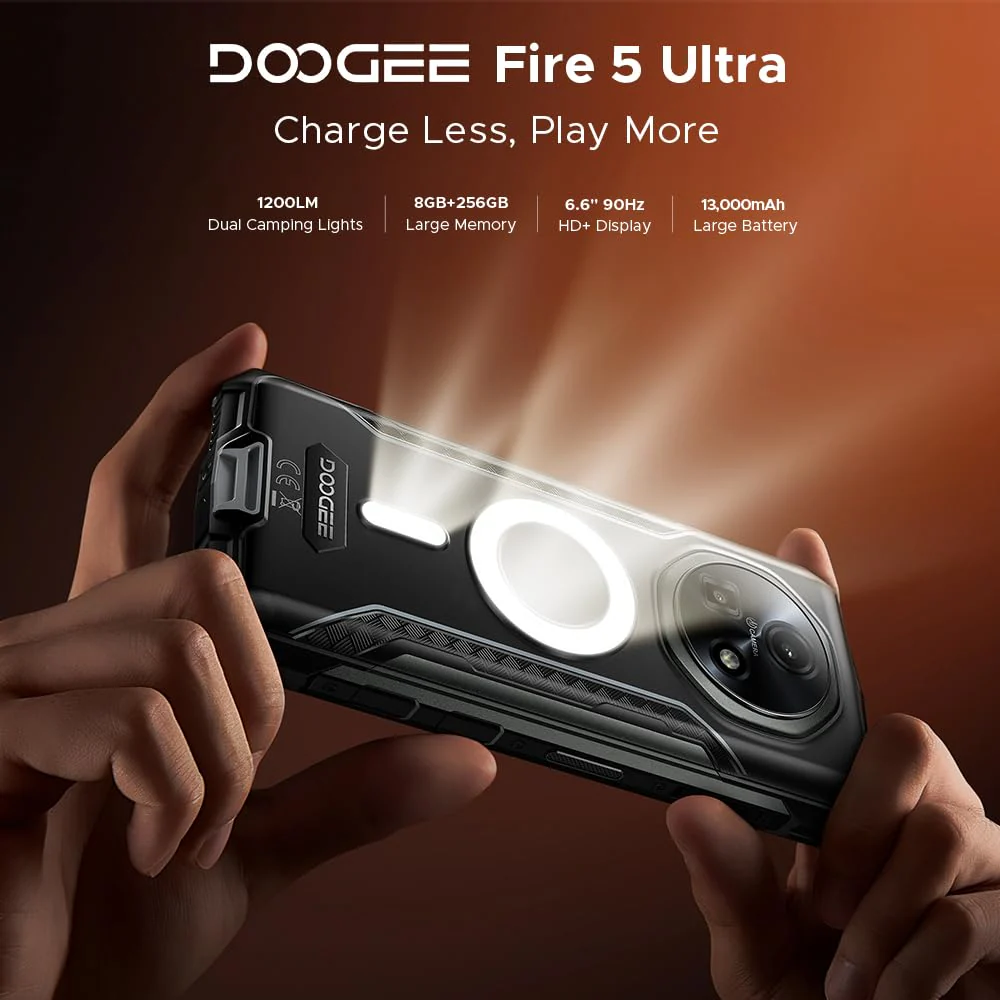 DOOGEE Outdoor Smartphone Fire 5 Ultra, 1200LM Dual-Camping-Lichter, 32GB+256GB, 13000mAh Akku, 48MP Kamera, 6,6" HD+, Gemini AI, IP68 Simlockfreie Robustes Handy, 3 Karten-Slots, GPS NFC Schwarz - Image 9