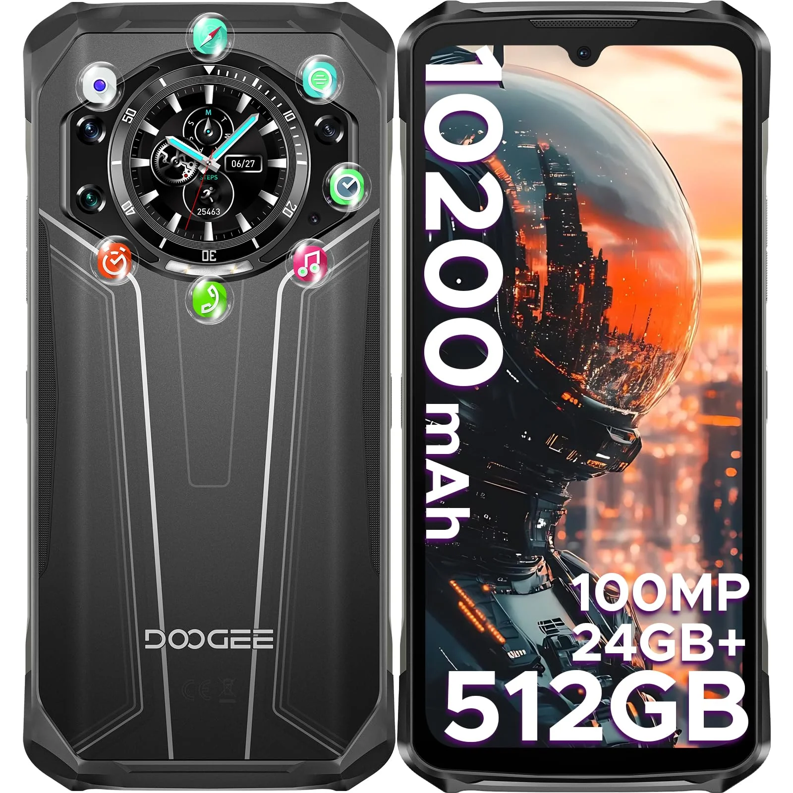 DOOGEE S119 Outdoor Handy Ohne Vertrag -1.32" Rear Screen, 512GB+24GB Outdoor Smartphone, 10200mAh/33W, 6.72" Baustellenhandy, 100MP Kamera Outdoor Handy, IP68/3 Card Slot/NFC/Face ID