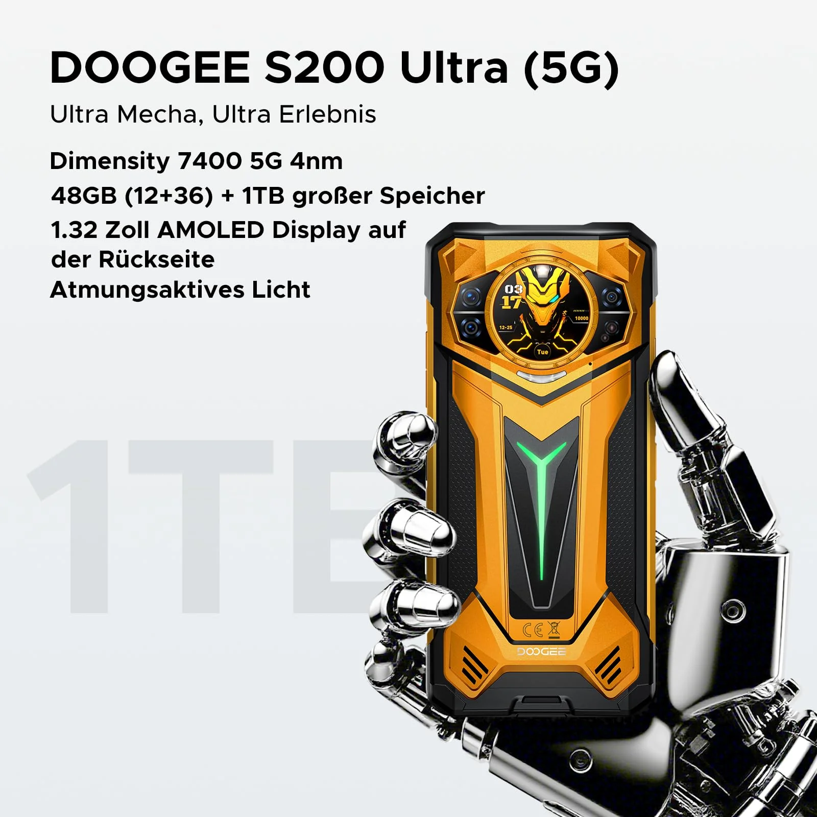 DOOGEE S200 Ultra Android 15 Outdoor Handy Ohne Vertrag 5G Outdoor Smartphone 48GB RAM+1TB ROM 1.32" AMOLED Heckdisplay 11000mAh/66W 6.72” FHD+ 120Hz, 100MP+32MP, Fingerabdruck/NFC/LED Lichteffekt - Image 9