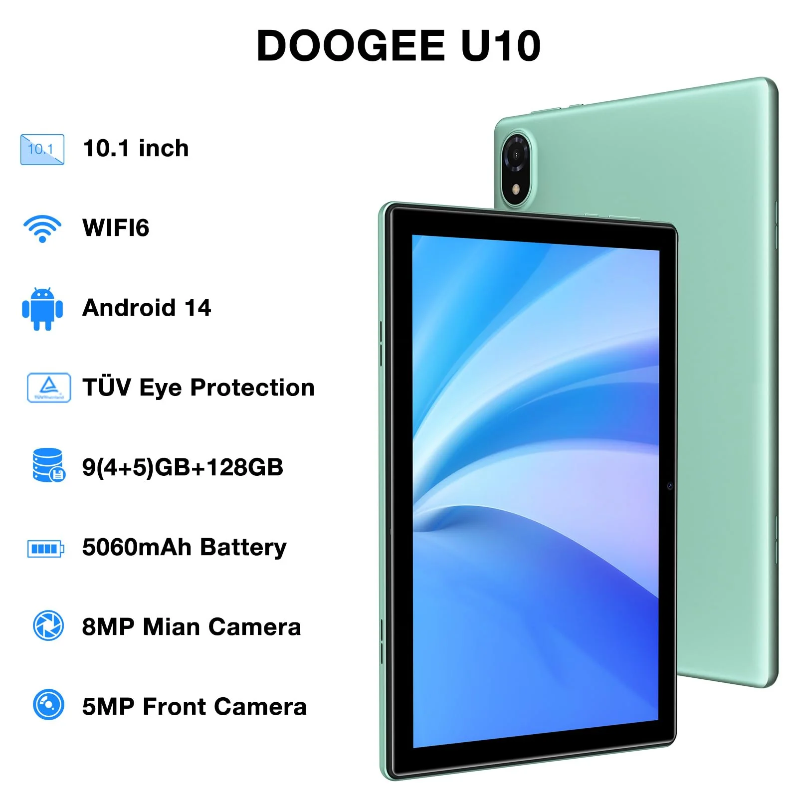 DOOGEE U10 Tablet 10 Zoll Android 14 2025, 9GB RAM + 128GB ROM (1TB TF) Kinder Tablet PC 1280 * 800 HD+ IPS Dual Camera, 5G WIFI6/ Face ID/Widevine L1/ BT 5.0/ OTG/ 5060mAh/ 8+5MP/ Type C - Image 8