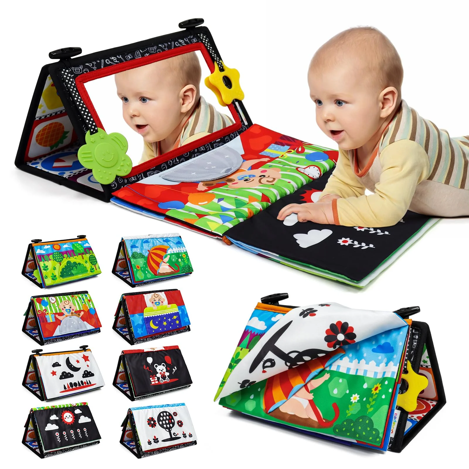 Dr.Rapeti Baby Spiegel Faltbarer Spielzeug, Kinderspiegel Spielzeug mit Schwarz Weiß Kontrastmuster, Baby Lernspielzeug mit Stoffbuch, Spiegel Kleinkinderziehung