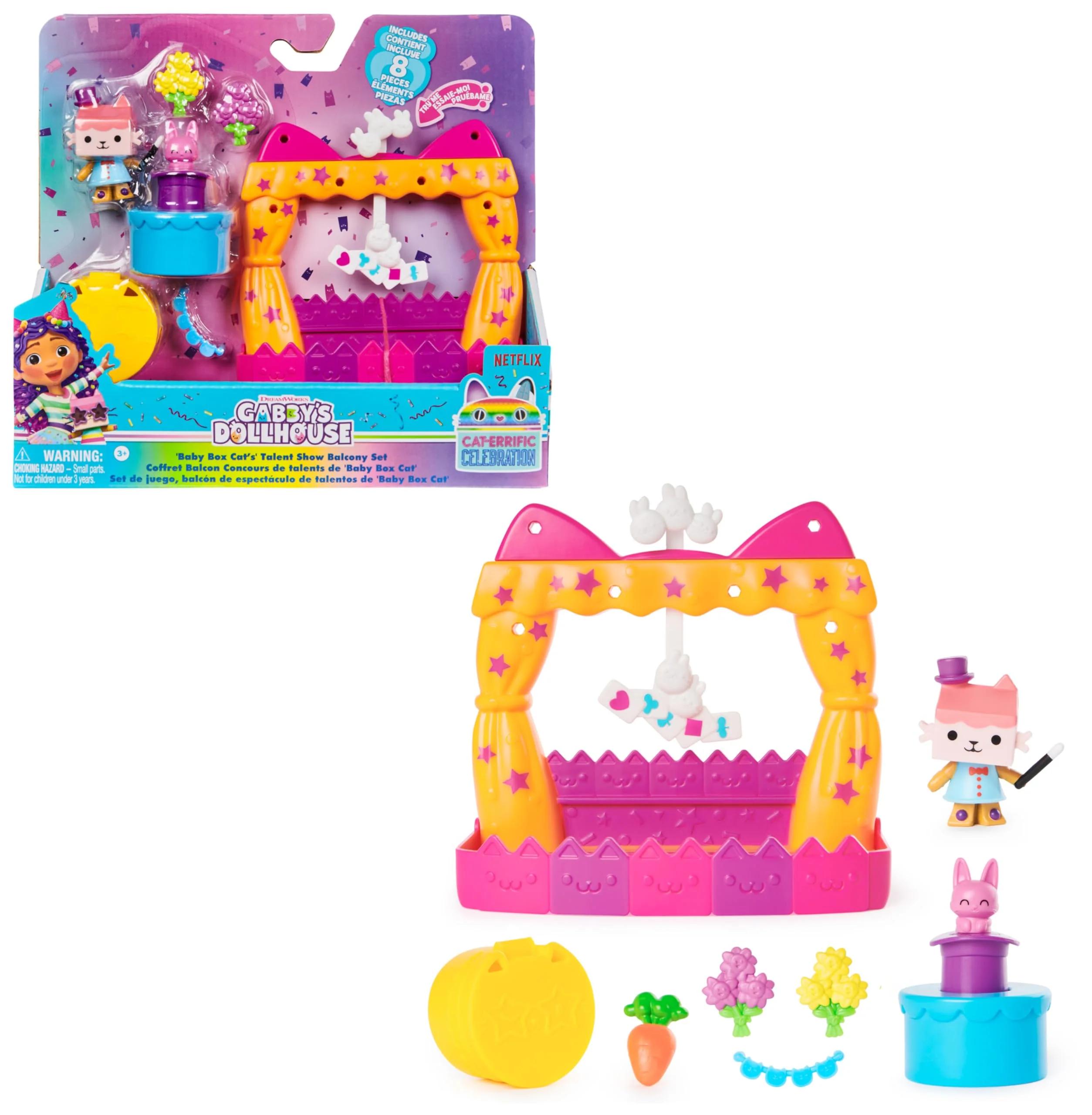 DREAMWORKS GABBY'S DOLLHOUSE - Balkon-Spielset Baby Box Talentwettbewerb, 8-teiliges Set mit Katzenfigur und Zubehörteilen, ab 3 Jahren