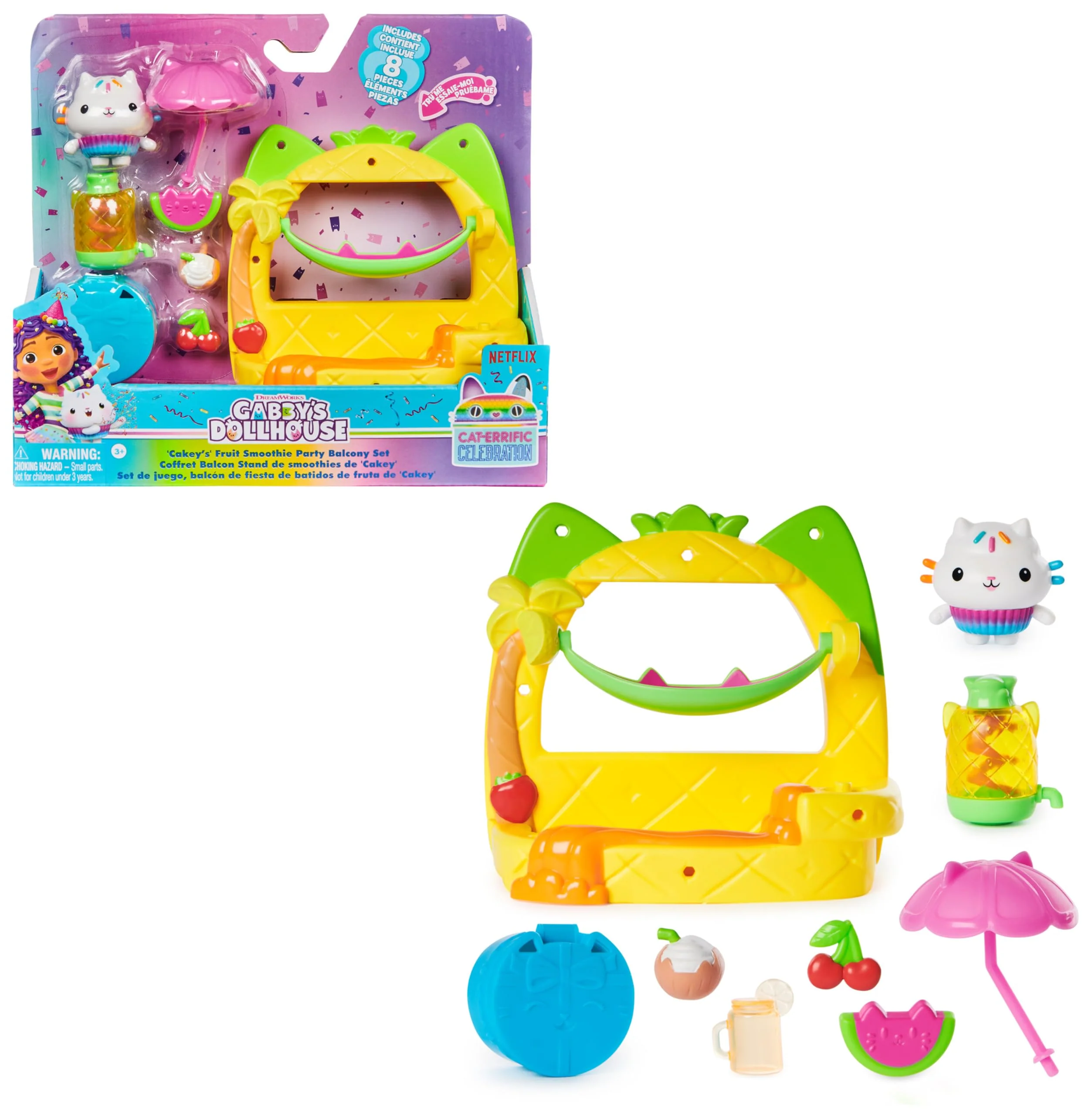 DREAMWORKS GABBY'S DOLLHOUSE - Balkon-Spielset Kuchis Saftbar, 8-teiliges Set mit Katzenfigur und Puppenhaus Zubehörteilen, ab 3 Jahren
