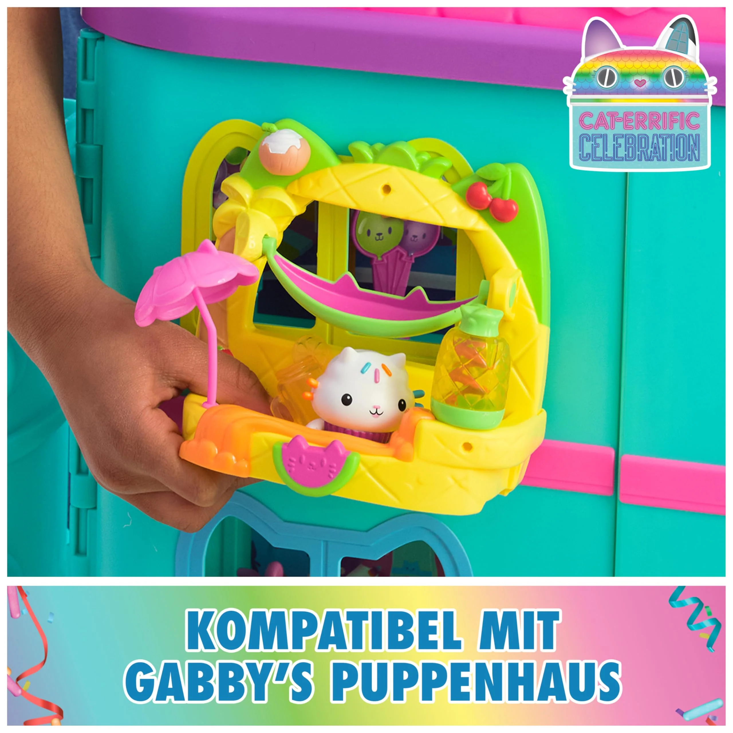 DREAMWORKS GABBY'S DOLLHOUSE - Balkon-Spielset Kuchis Saftbar, 8-teiliges Set mit Katzenfigur und Puppenhaus Zubehörteilen, ab 3 Jahren - Image 8
