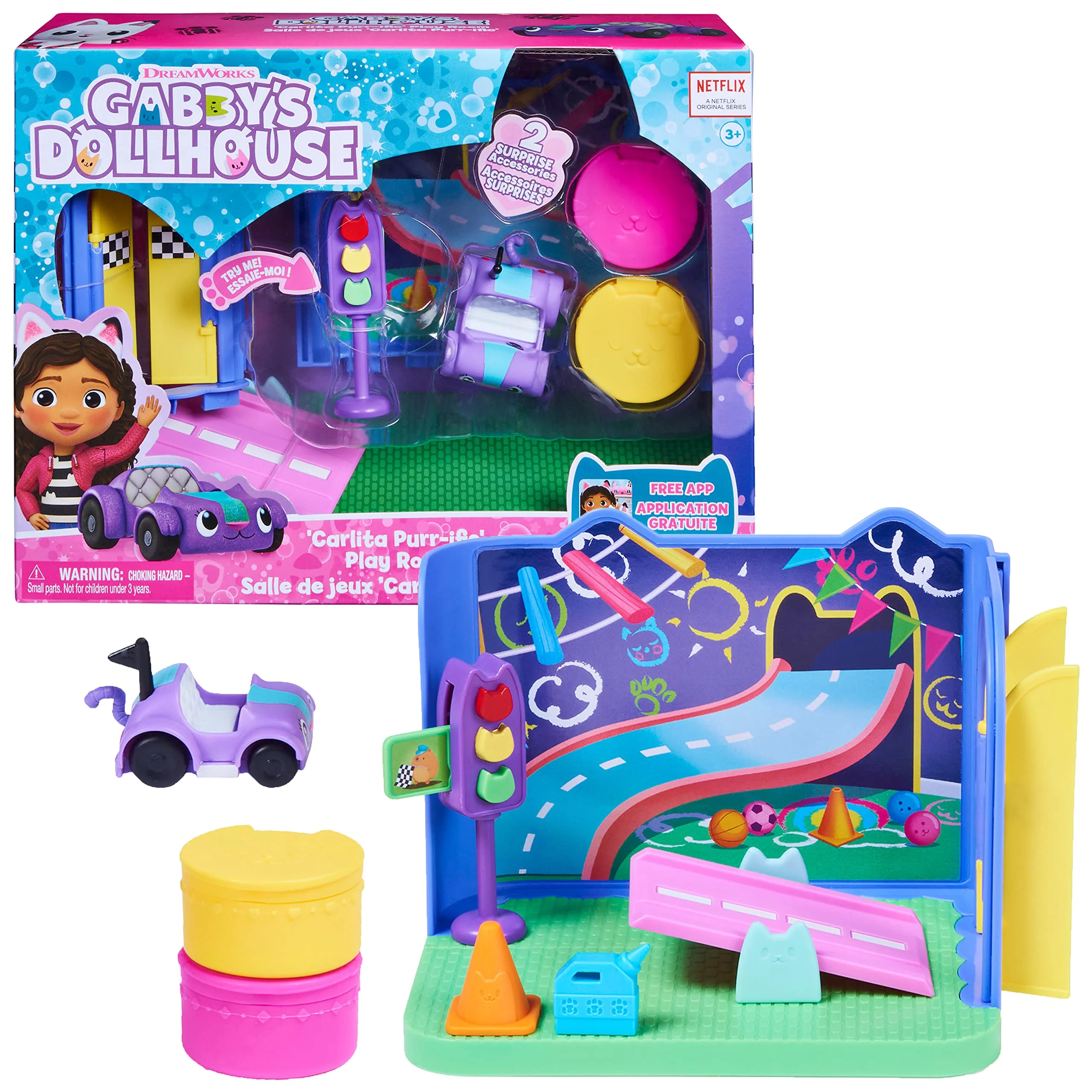 DREAMWORKS GABBY'S DOLLHOUSE - Deluxe Raum, Purr-ific Play Room, Spielzimmer mit Carlita Spielzeugauto, 2 Möbelstücken und 2 Überraschungsboxen mit Zubehörteilen, geeignet für Kinder ab 3 Jahren