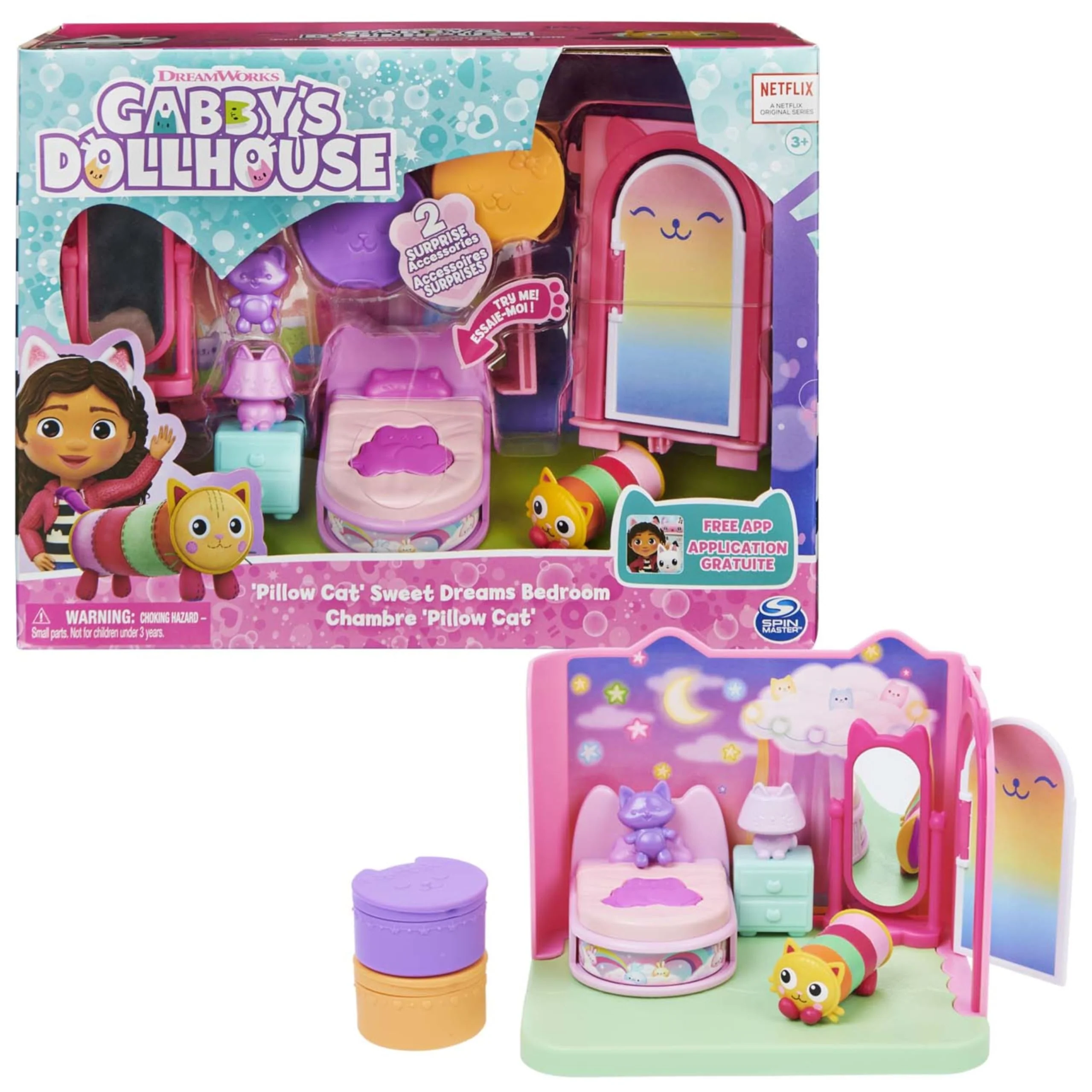 DREAMWORKS GABBY'S DOLLHOUSE - Deluxe Raum, Sweet Dreams, Schlafzimmer mit Kuschelkatze (engl. Pillow Cat), 3 Möbelstücken und 2 Überraschungsboxen mit Zubehörteilen, geeignet für Kinder ab 3 Jahren