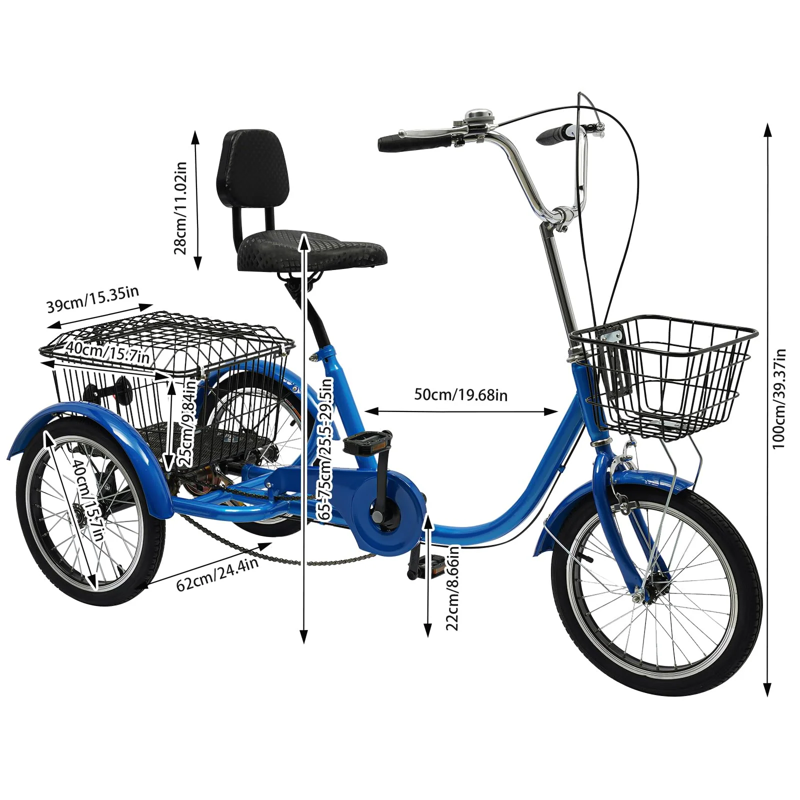 Dreirad für Erwachsene, 16 Zoll 3 Räder Fahrrad, Kohlenstoffstahl Erwachsenendreirad, Cruise Bikes mit Rücklicht & Klingel, Trike Bike für Männer und Frauen von 140-170cm, Max.150kg (Blau) - Image 2