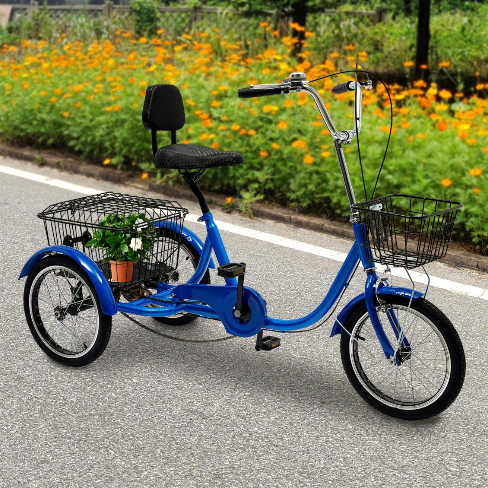 Dreirad für Erwachsene, 16 Zoll 3 Räder Fahrrad, Kohlenstoffstahl Erwachsenendreirad, Cruise Bikes mit Rücklicht & Klingel, Trike Bike für Männer und Frauen von 140-170cm, Max.150kg (Blau) - Image 5