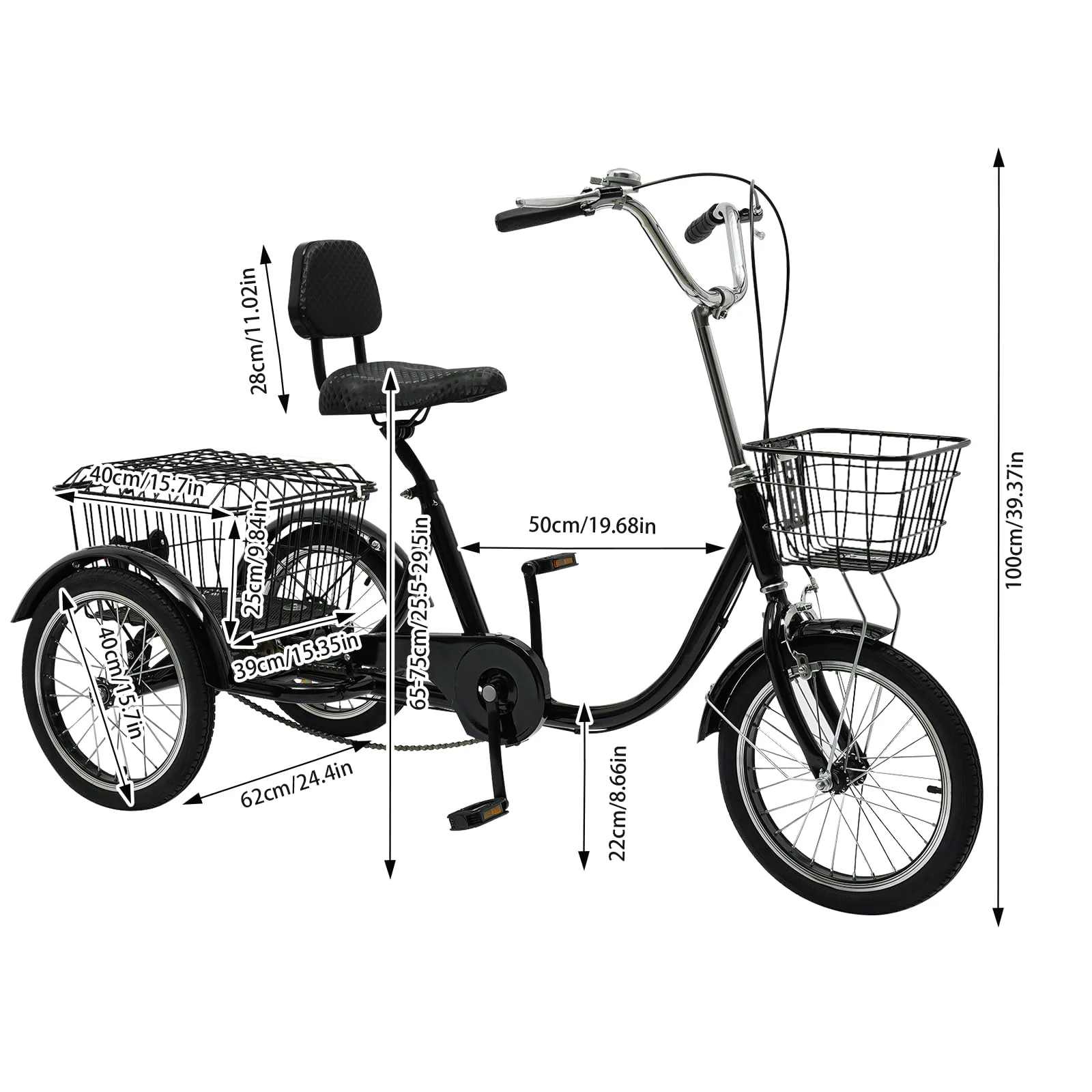 Dreirad für Erwachsene, 16 Zoll 3 Räder Fahrrad, Kohlenstoffstahl Erwachsenendreirad, Cruise Bikes mit Rücklicht & Klingel, Trike Bike für Männer und Frauen von 140-170cm, Max.150kg (Schwarz) - Image 2