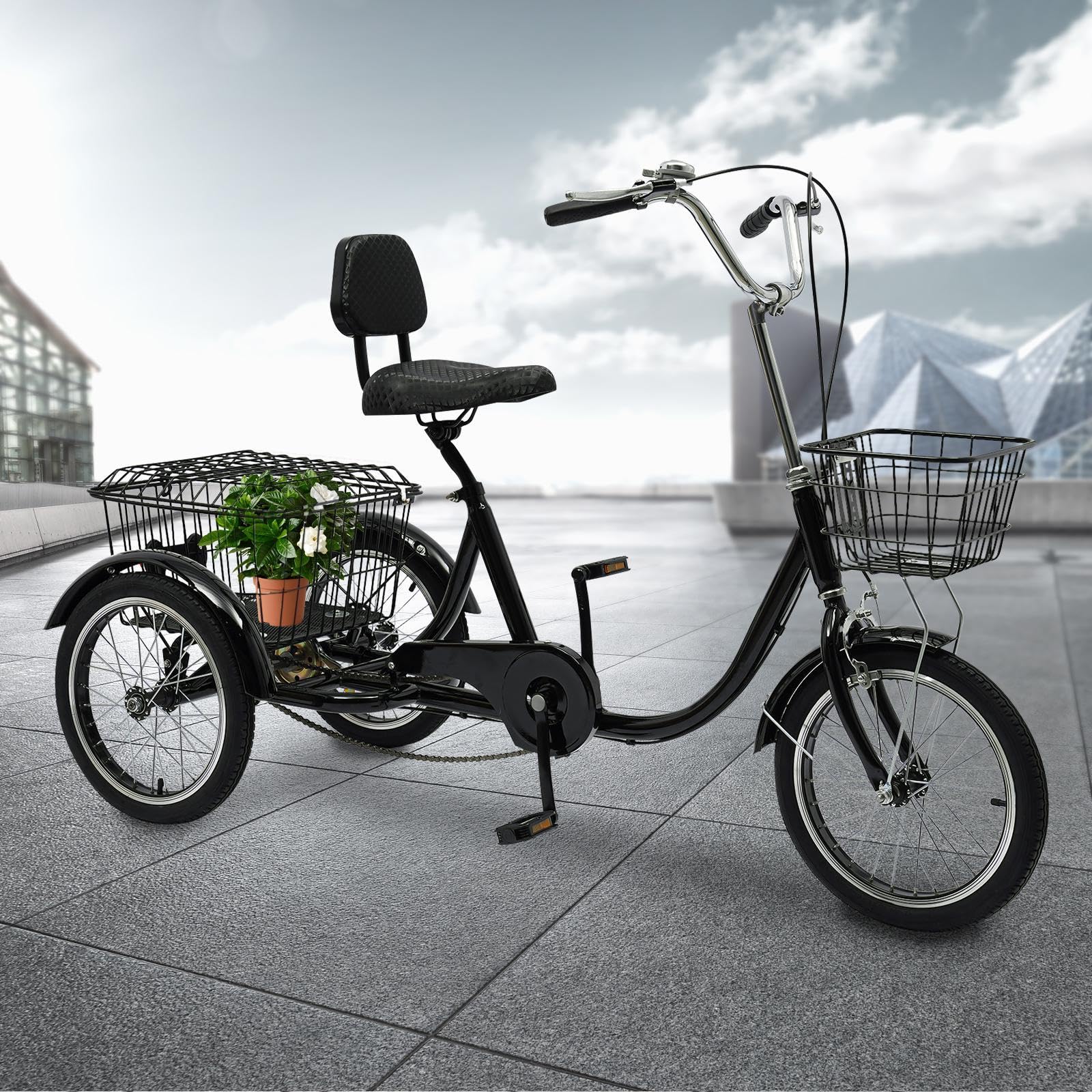 Dreirad für Erwachsene, 16 Zoll 3 Räder Fahrrad, Kohlenstoffstahl Erwachsenendreirad, Cruise Bikes mit Rücklicht & Klingel, Trike Bike für Männer und Frauen von 140-170cm, Max.150kg (Schwarz) - Image 6