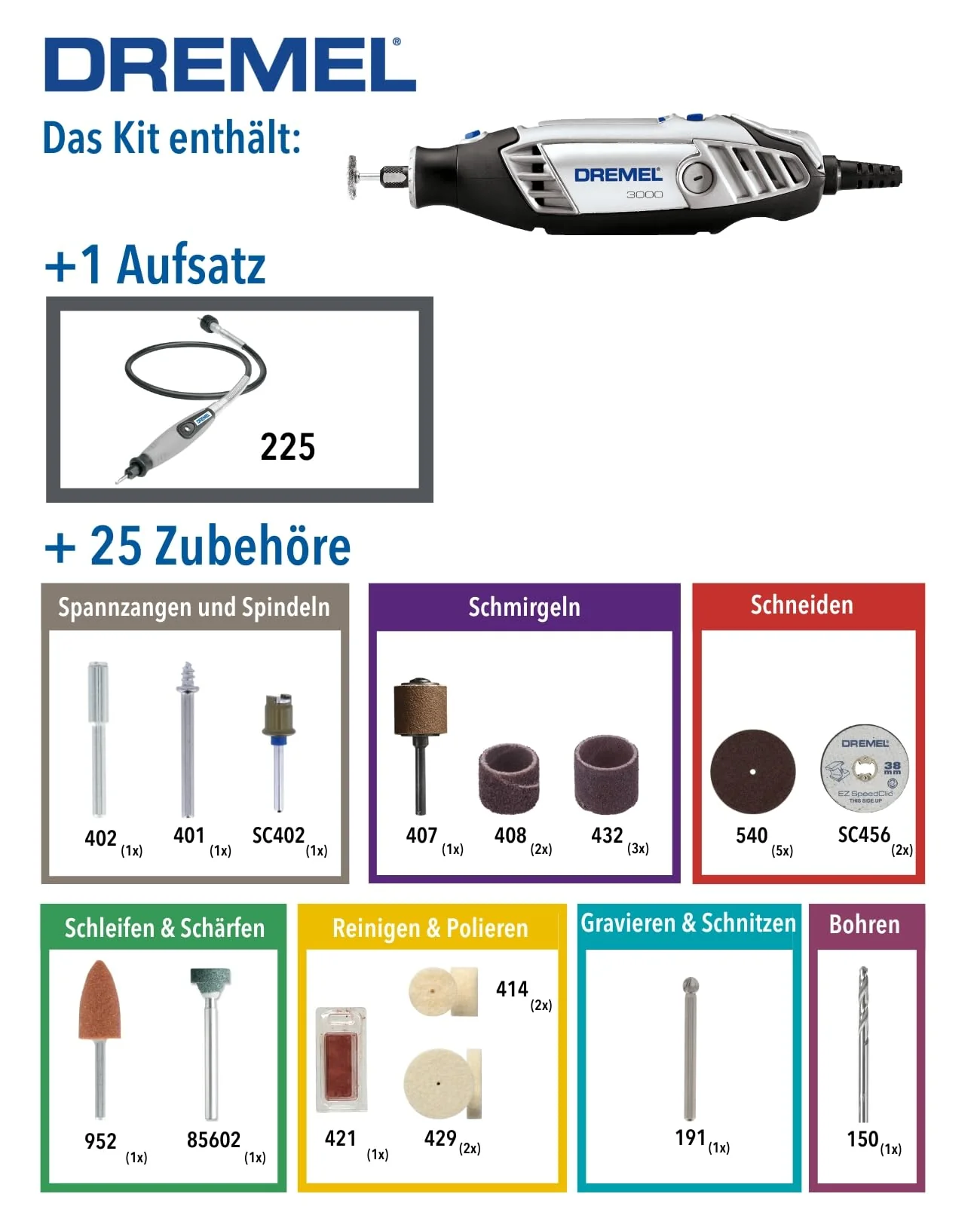 Dremel 3000 Multifunktionswerkzeug 130W, Set mit 1 Aufsatz, 25 Zubehörteilen, Variable Drehzahl 10.000-33.000 U/min zum Schneiden, Schleifen, Gravieren, Polieren, Schärfen, Reinigen, Schnitzen - Image 6