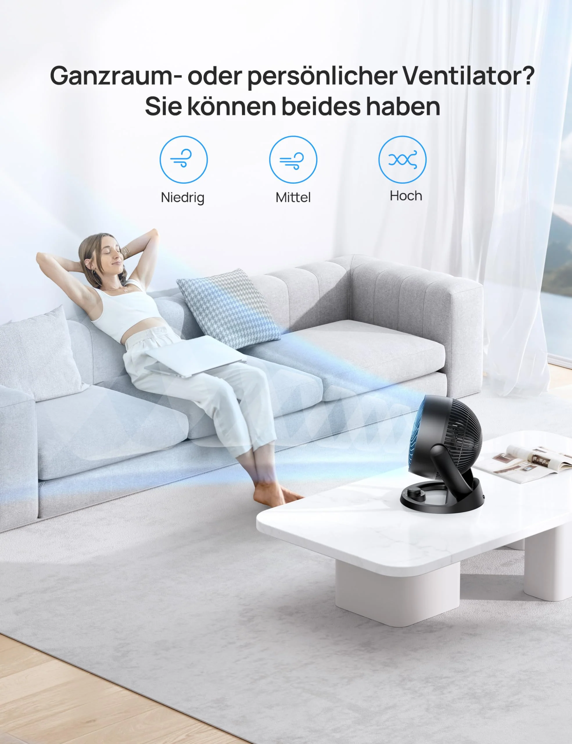 Dreo 28dB Leiser Tischventilator, 21M Windentfernung Ventilator mit Kühlung 3-Geschwindigstufe 120° verstellbar Neigungswinkel Turbo-Luftzirkulator, geeignet für Schlafzimmer Büro, Fox One, Schwarz - Image 5