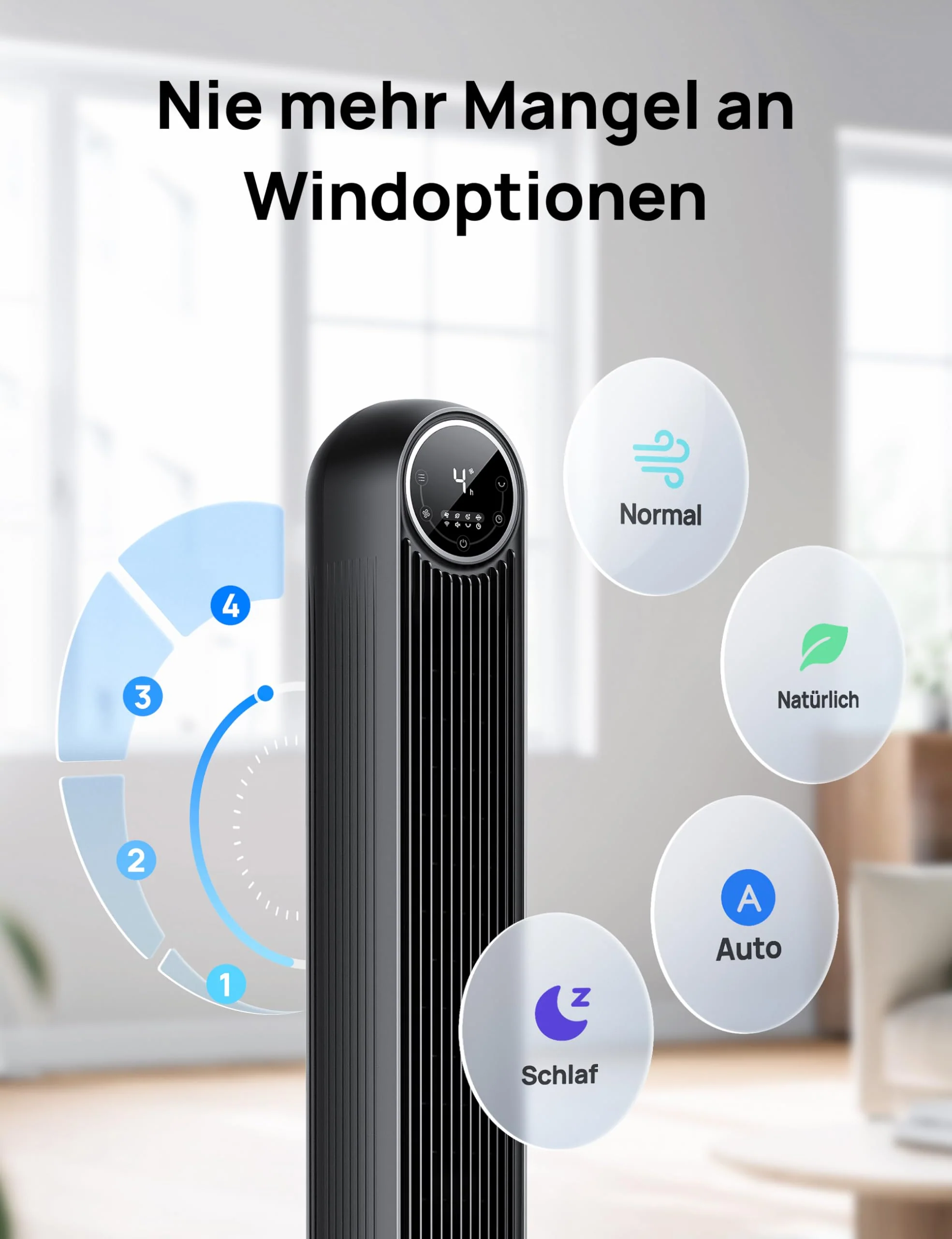 Dreo 28dB Leiser Turmventilator, 7,3m/s Geschwindigkeit 4 Geschwindigstufen 4 Modi 8 Std. Timer 90° oszillierende Ventilatoren mit Kühlung Fernbedienung für Schlafzimmer, Nomad One, Schwarz - Image 5