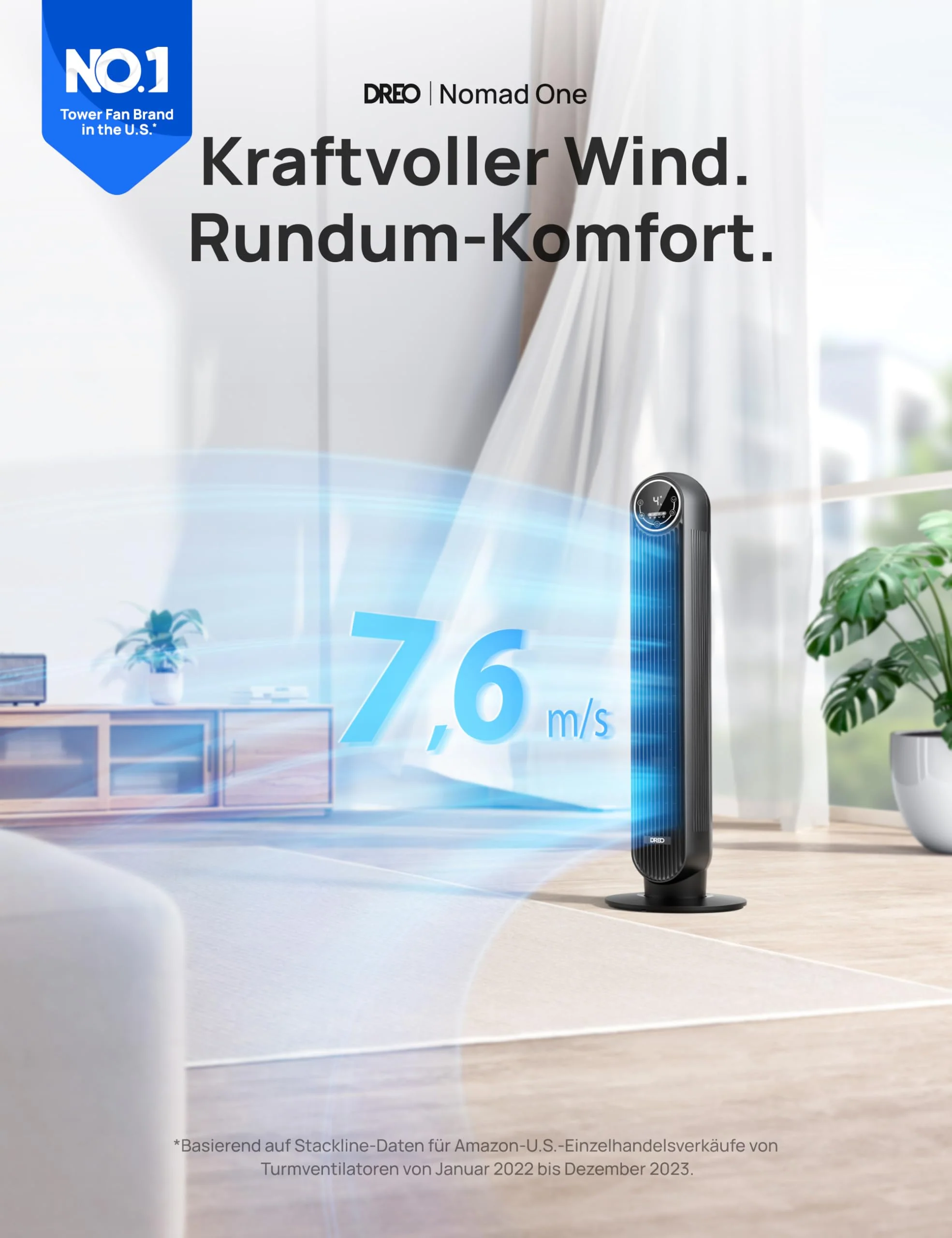 Dreo 28dB Leiser Turmventilator, 7,3m/s Geschwindigkeit 4 Geschwindigstufen 4 Modi 8 Std. Timer 90° oszillierende Ventilatoren mit Kühlung Fernbedienung für Schlafzimmer, Nomad One, Schwarz - Image 7