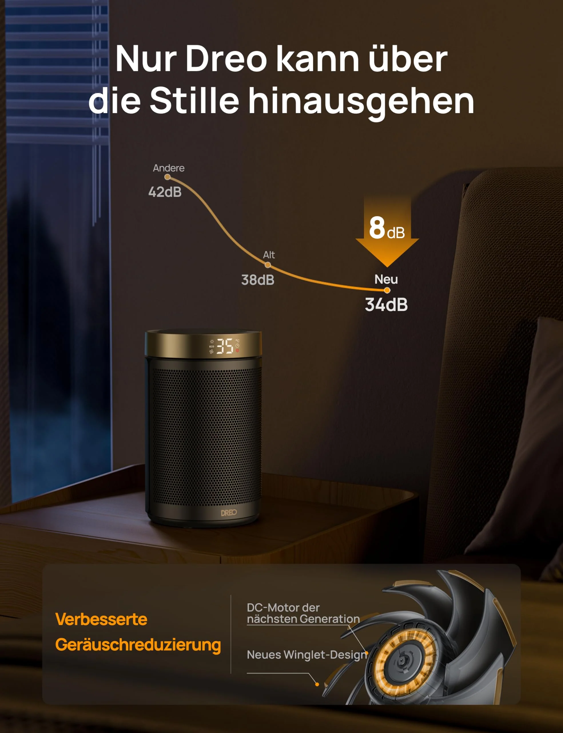 Dreo Energiesparender Heizlüfter, 34 dB Leiser 1500W Elektrischer PTC Keramik, Thermostat, Überhitzungs- & Kippschutz, 12 Std. Timer, Elektroheizung für Räume Schlafzimmer, Atom 316, Gold - Image 2