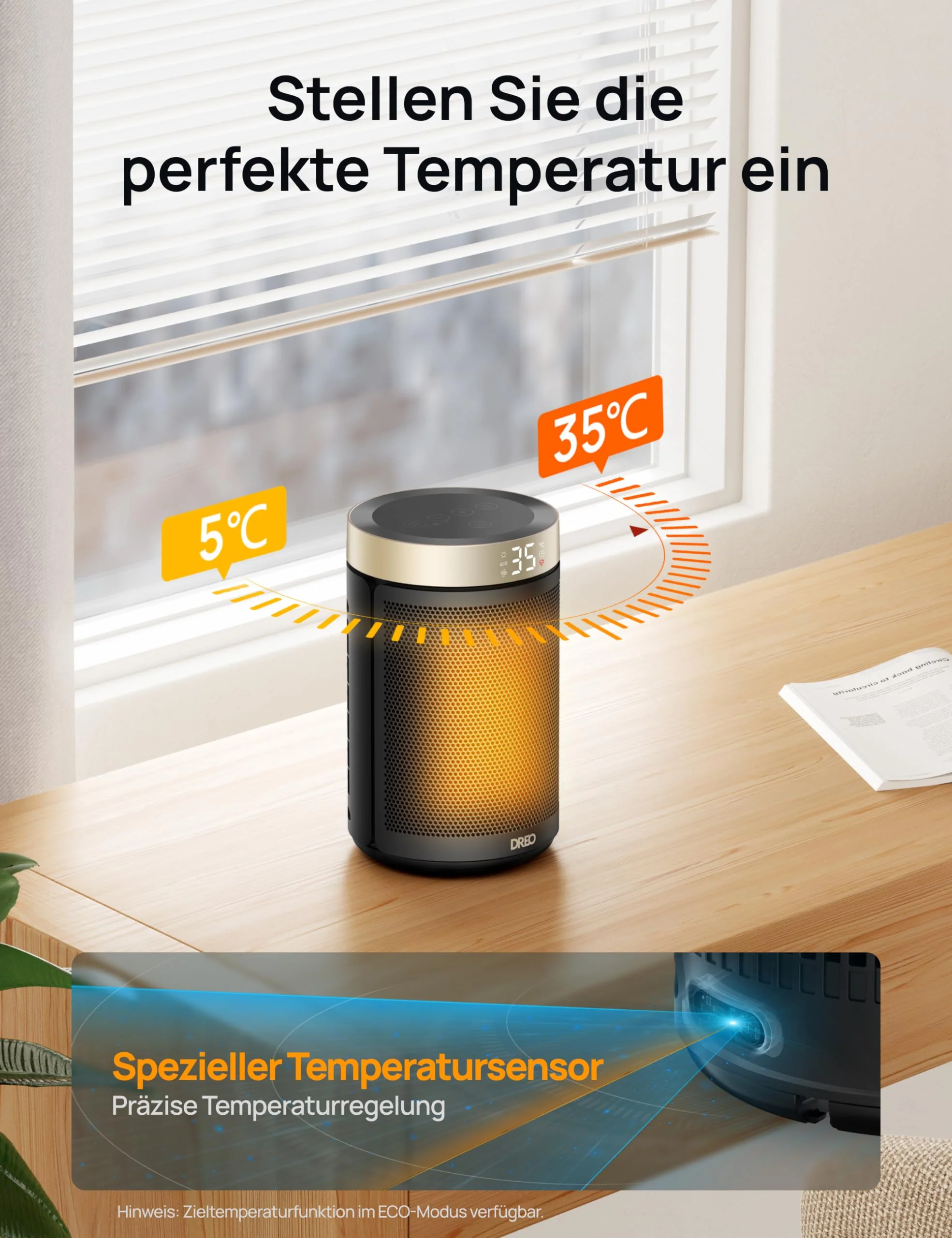Dreo Energiesparender Heizlüfter, 34 dB Leiser 1500W Elektrischer PTC Keramik, Thermostat, Überhitzungs- & Kippschutz, 12 Std. Timer, Elektroheizung für Räume Schlafzimmer, Atom 316, Gold - Image 3