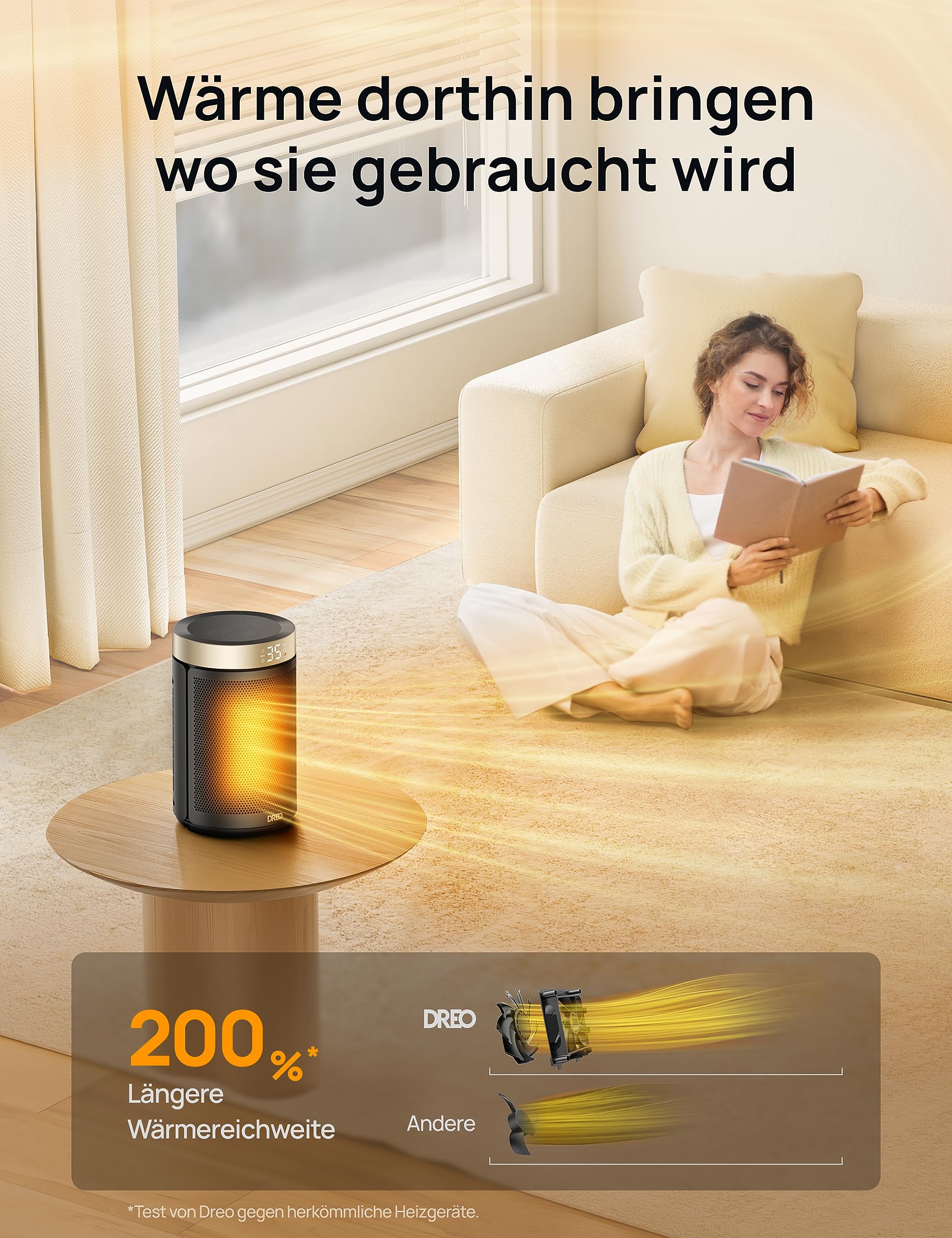 Dreo Energiesparender Heizlüfter, 34 dB Leiser 1500W Elektrischer PTC Keramik, Thermostat, Überhitzungs- & Kippschutz, 12 Std. Timer, Elektroheizung für Räume Schlafzimmer, Atom 316, Gold - Image 5