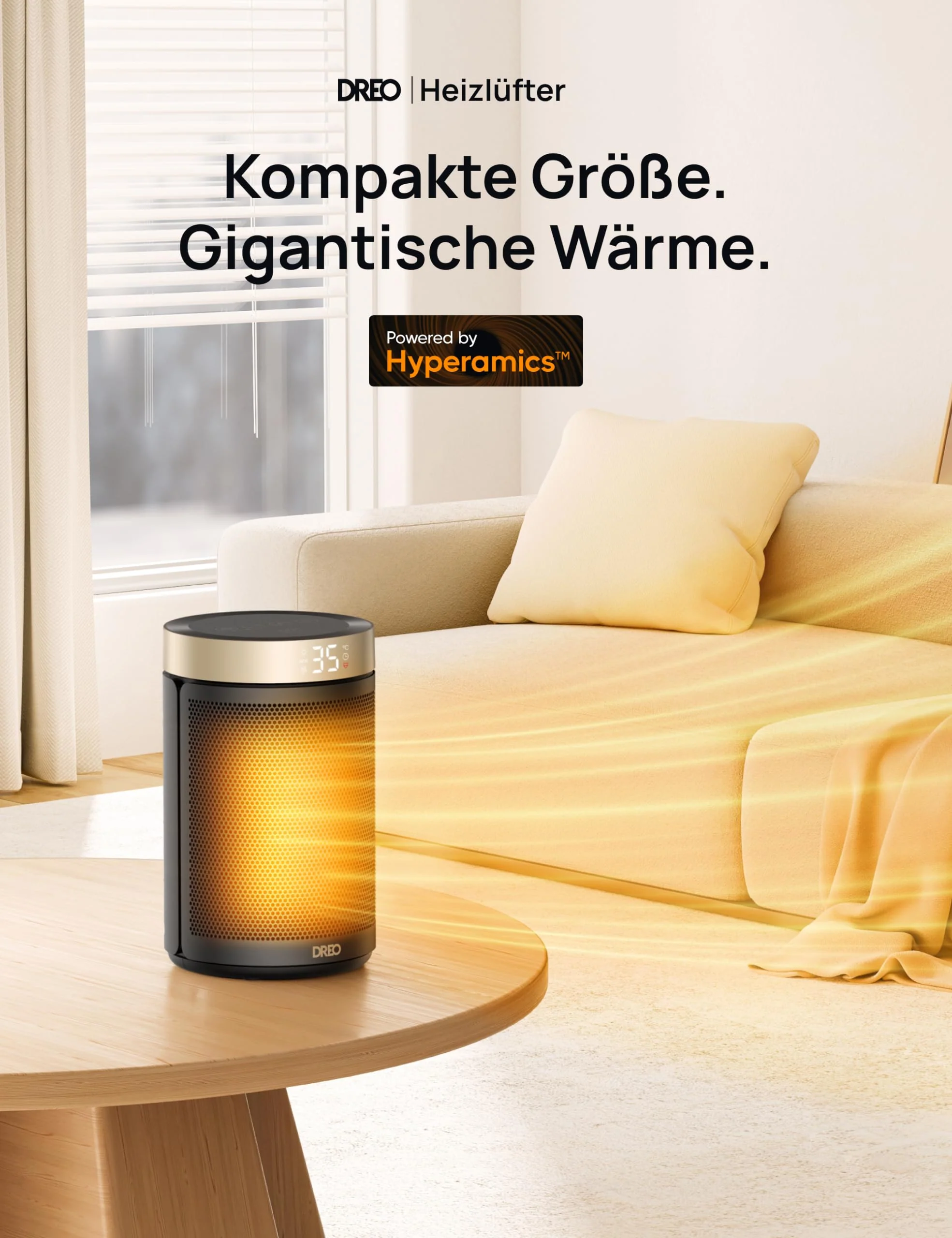 Dreo Energiesparender Heizlüfter, 34 dB Leiser 1500W Elektrischer PTC Keramik, Thermostat, Überhitzungs- & Kippschutz, 12 Std. Timer, Elektroheizung für Räume Schlafzimmer, Atom 316, Gold - Image 7