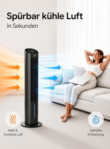 DREO Luftkühler mit Wasserkühlung, Leiser Turmventilator 102 cm, Verdunstungskühler mit 80° Oszillation, 3 Modi, 4 Geschwindigkeiten, Fernbedienung, Für Schlafzimmer & Wohnzimmer, Schwarz - Image 3