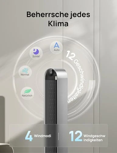 DREO Smart Turmventilator Sehr Leise, 120° Oszillierender Ventilator mit Kühlung, 25dB Standventilator mit Fernbedienung für Schlafzimmer, 12 Geschwindigkeiten, 4 Modi, 12-Stund-Timer, Pilot Max S - Image 3