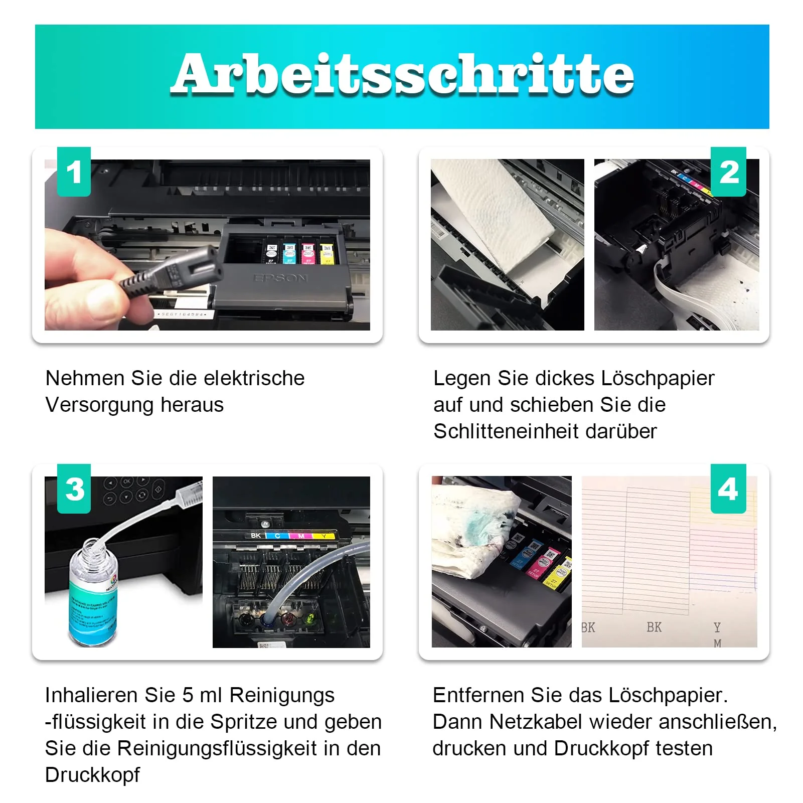 Druckkopfreiniger Düsenreiniger 100 ml Druckkopf Reinigungsflüssigkeit für Druckkopfreiniger Epson HP Canon Brother Tintenstrahldrucker druckkopfreiniger Spritzen 5ml - Image 3