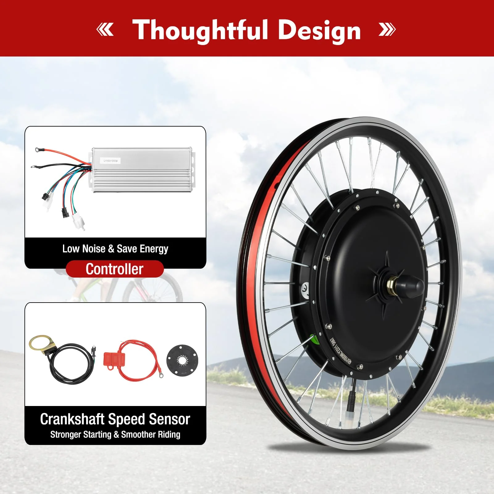 DSYOGX 20 Zoll E Bike Umbausatz 48V 1000 W Elektrischer Fahrrad Nabenmotor Vorderrad Ebike Conversion Motor Kit für V-Bremse und Scheibenbremse's 20-Zoll-Fahrräder - Image 6