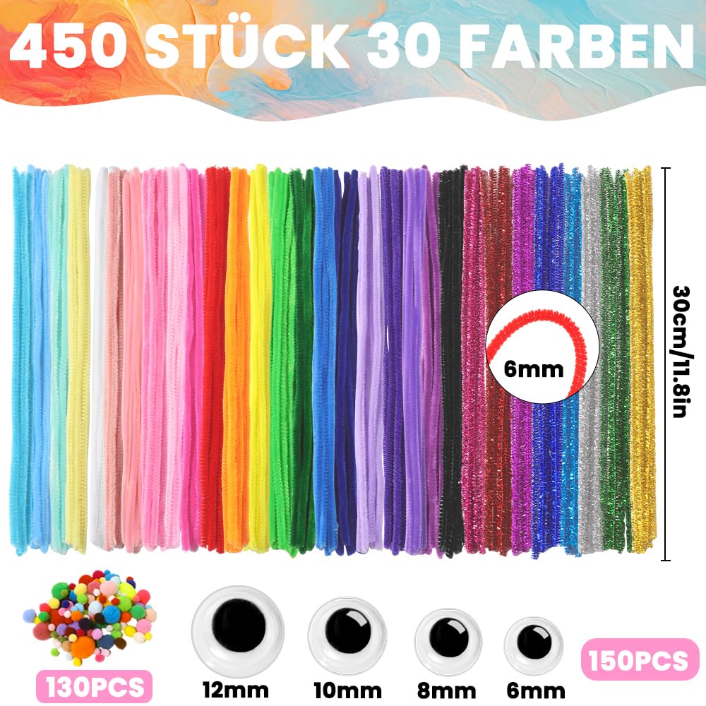 DTYDECLE 730 Stück Kunst Pfeifenputzer zum Basteln, 30 Farben Bunte Selbstklebend Pfeifenreiniger Chenilledraht mit Wackelaugen Filzbälle für DIY Basteln und Dekorieren - Image 7
