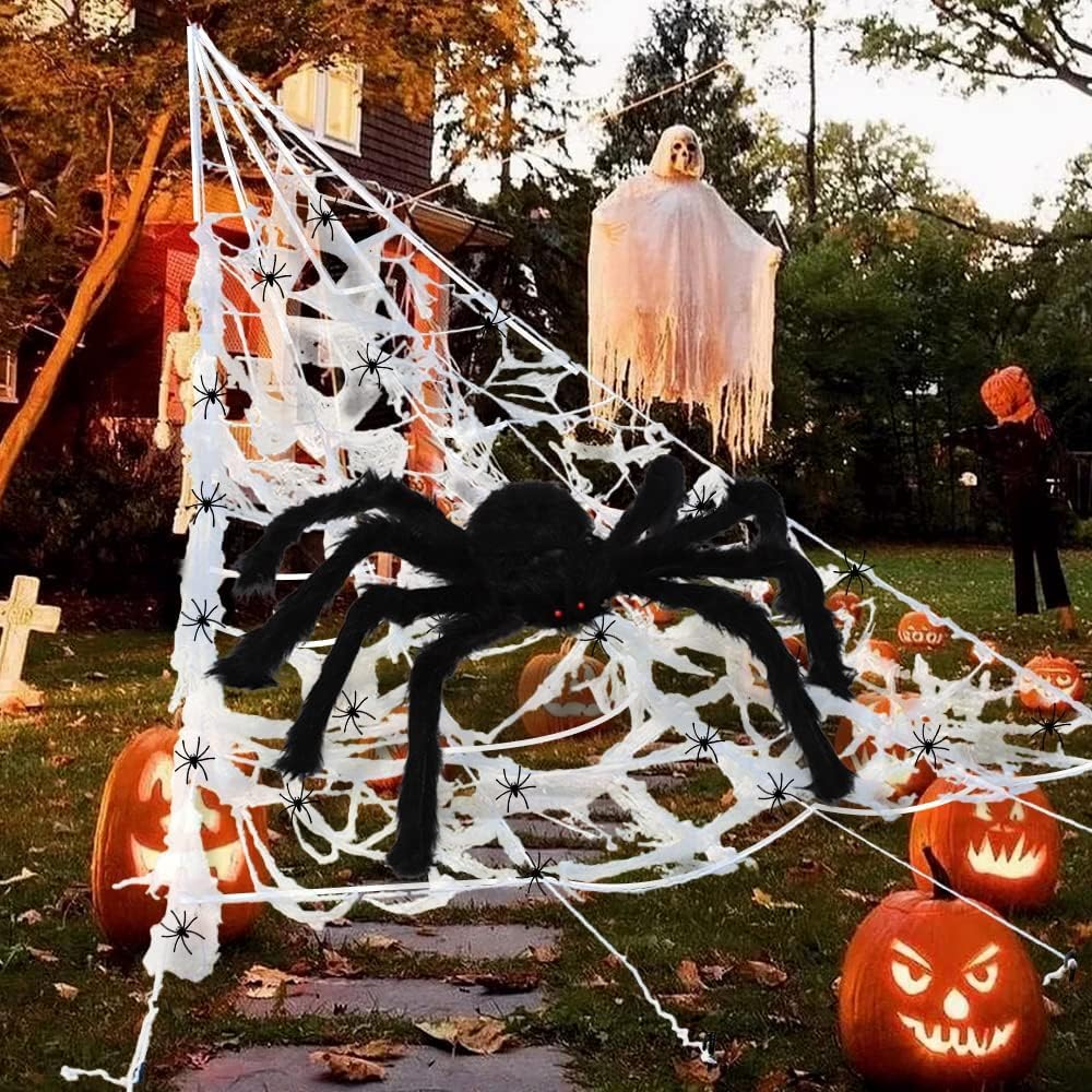 DTYDECLE Halloween Riesiges Spinnen, 1.5m Riesenspinne mit 5m Dreieckiges Riesen Spinnennetz Halloween Groß Spinngewebe für Festival Party Dekoration - Image 3