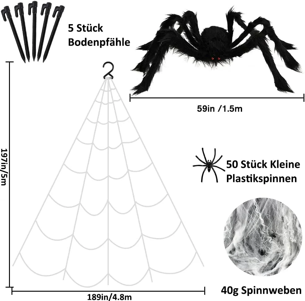 DTYDECLE Halloween Riesiges Spinnen, 1.5m Riesenspinne mit 5m Dreieckiges Riesen Spinnennetz Halloween Groß Spinngewebe für Festival Party Dekoration - Image 7