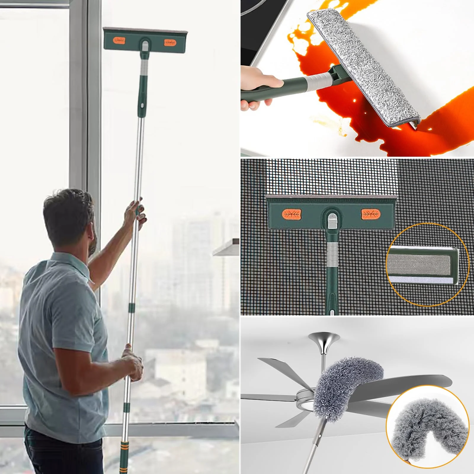 Dubest Fensterwischer mit teleskopstiel,Profi Fensterputzer Set mit 3 Mikrofaserpads und Staubwedel,180 Rotationskopf Fensterabzieher Glasreinigungswerkzeuge für Hohe Fenster im Outdoor und Zuhause - Image 2