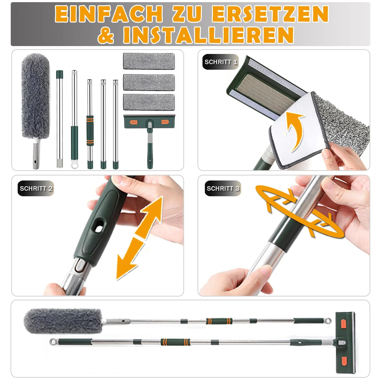 Dubest Fensterwischer mit teleskopstiel,Profi Fensterputzer Set mit 3 Mikrofaserpads und Staubwedel,180 Rotationskopf Fensterabzieher Glasreinigungswerkzeuge für Hohe Fenster im Outdoor und Zuhause - Image 5