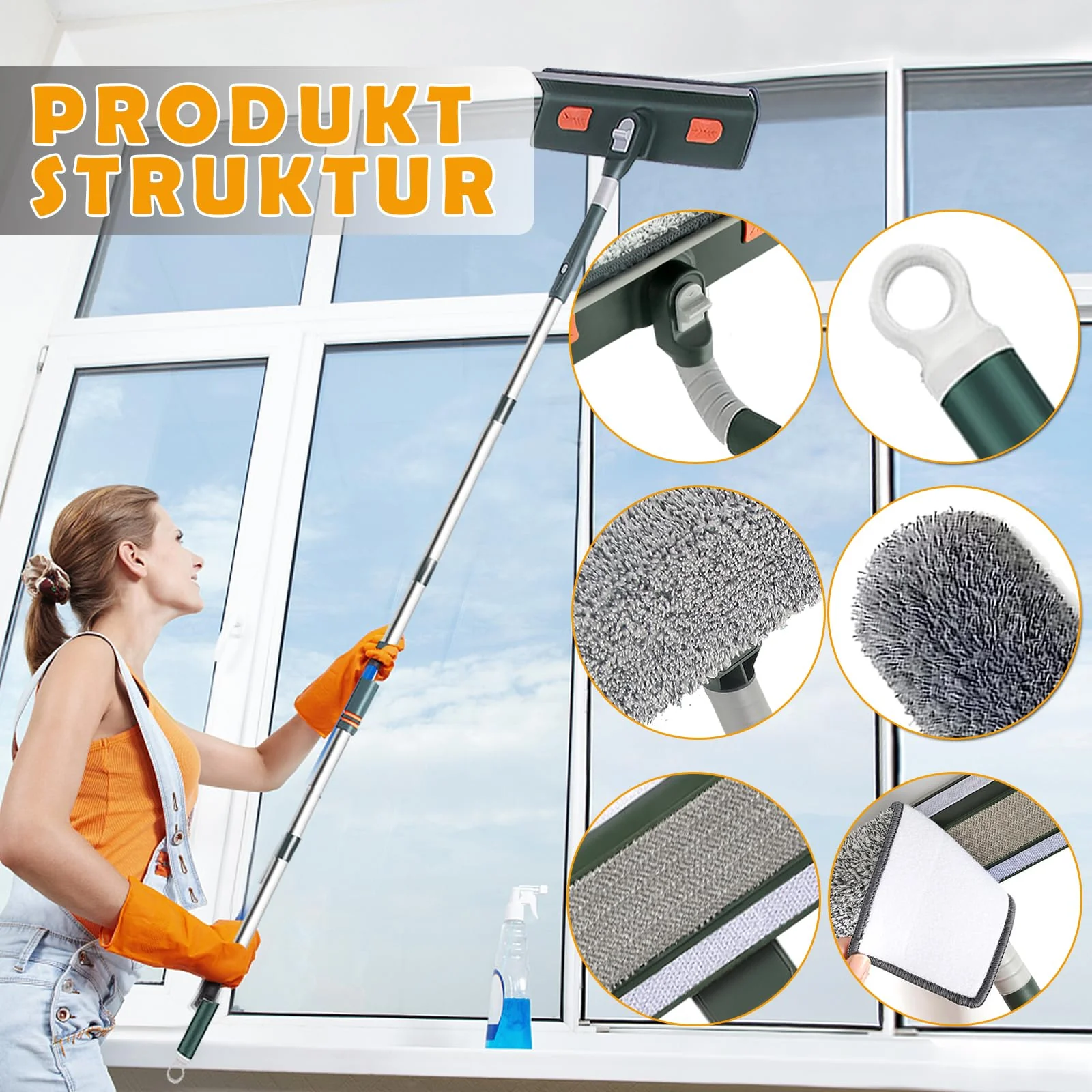 Dubest Fensterwischer mit teleskopstiel,Profi Fensterputzer Set mit 3 Mikrofaserpads und Staubwedel,180 Rotationskopf Fensterabzieher Glasreinigungswerkzeuge für Hohe Fenster im Outdoor und Zuhause - Image 6