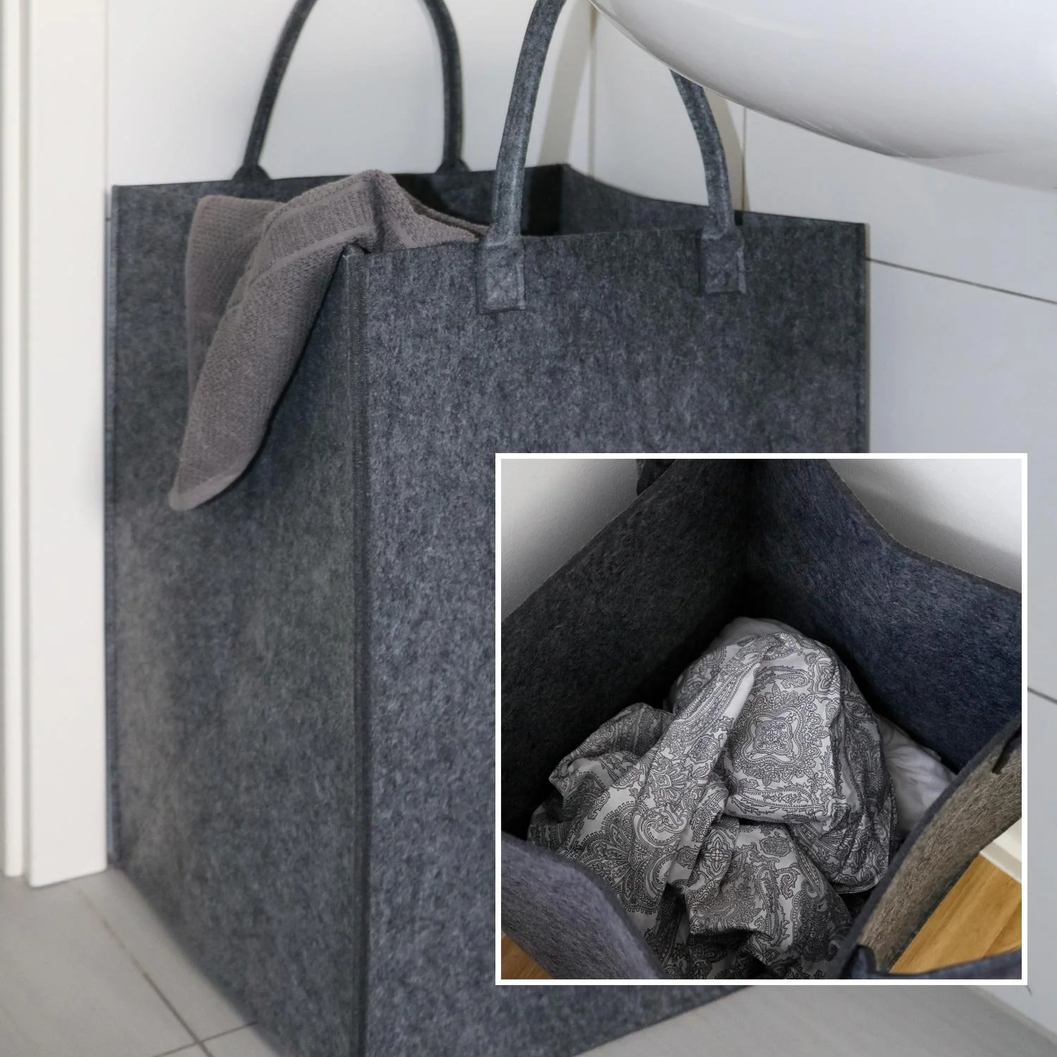 DuneDesign 100l Wäschekorb Filz Groß - Filztasche XXL Wäschekorb 60 cm hoch - Wäschesammler Filz - Holztasche für Kaminholz Groß Deckenkorb Wohnzimmer Flaschensammler Leergut Aufbewahrungskorb Filz - Image 2