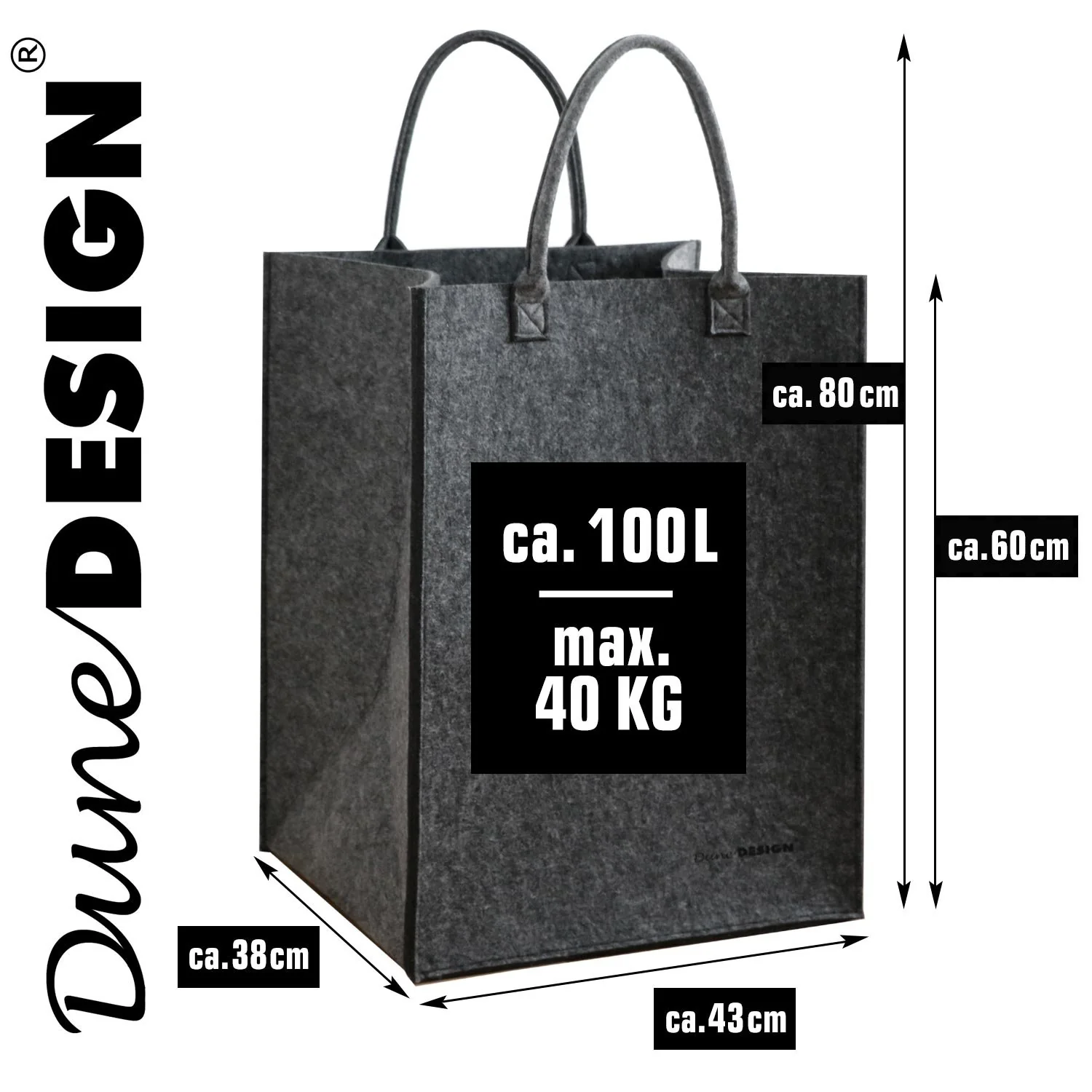 DuneDesign 100l Wäschekorb Filz Groß - Filztasche XXL Wäschekorb 60 cm hoch - Wäschesammler Filz - Holztasche für Kaminholz Groß Deckenkorb Wohnzimmer Flaschensammler Leergut Aufbewahrungskorb Filz - Image 5