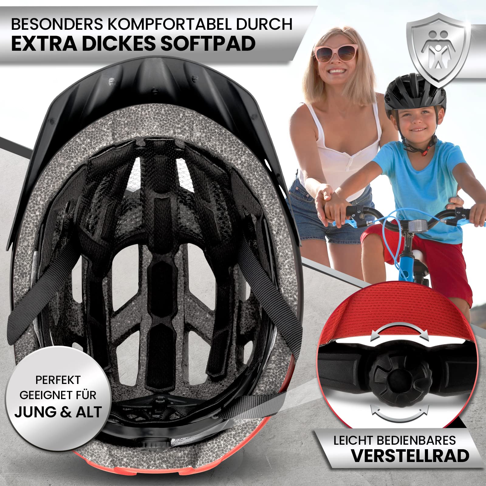 Dunlop Sports Fahrradhelm mit Licht-Sofort gesehen Werden-Ultraleichter Spezial Damen Herren Kinder Fahrrad Helm mit Visier und Rücklicht für hohe Sicherheit-Urban Helm (Schwarz/Rot, M (55-59 cm)) - Image 2