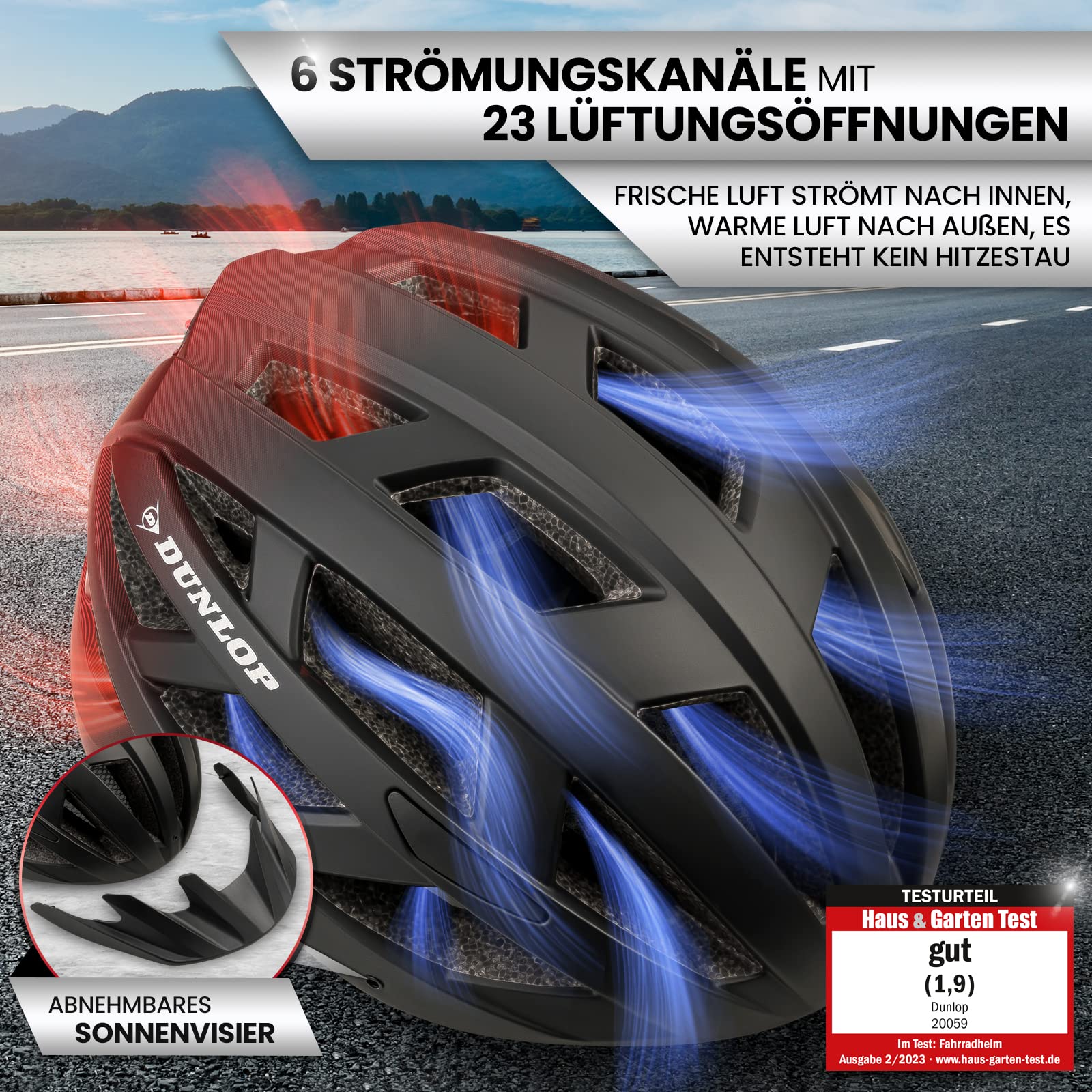 Dunlop Sports Fahrradhelm mit Licht-Sofort gesehen Werden-Ultraleichter Spezial Damen Herren Kinder Fahrrad Helm mit Visier und Rücklicht für hohe Sicherheit-Urban Helm (Schwarz/Rot, M (55-59 cm)) - Image 4