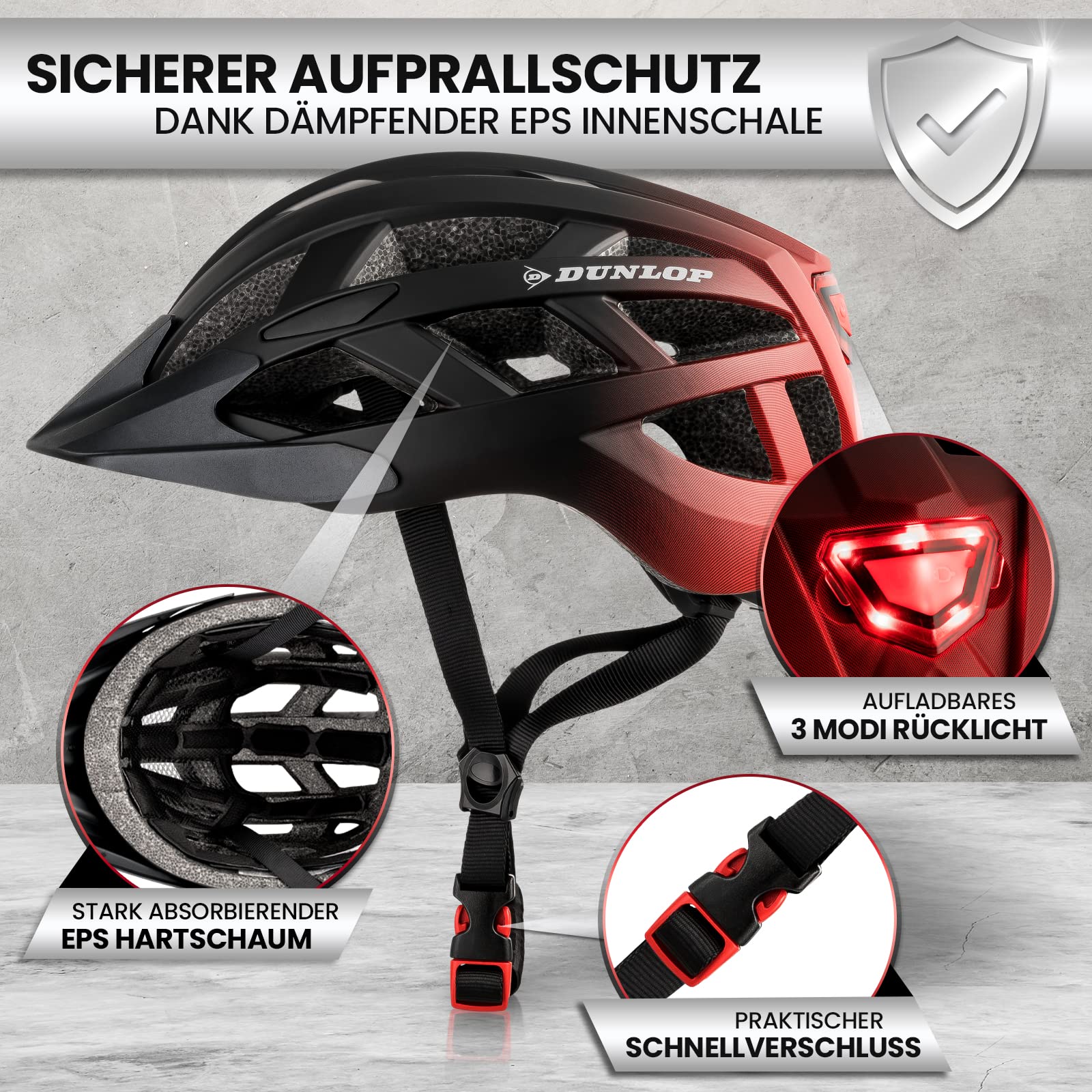 Dunlop Sports Fahrradhelm mit Licht-Sofort gesehen Werden-Ultraleichter Spezial Damen Herren Kinder Fahrrad Helm mit Visier und Rücklicht für hohe Sicherheit-Urban Helm (Schwarz/Rot, M (55-59 cm)) - Image 5