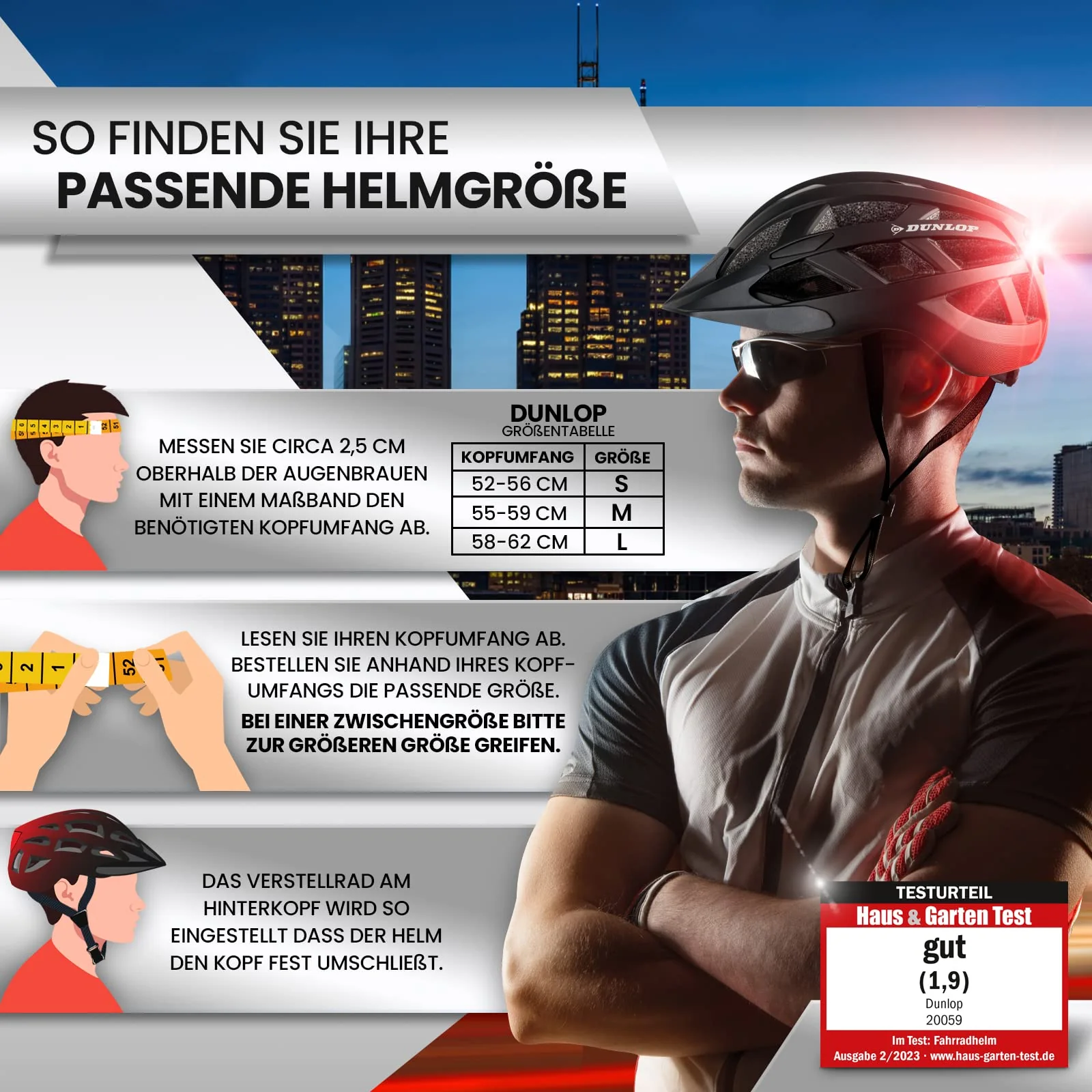 Dunlop Sports Fahrradhelm mit Licht-Sofort gesehen Werden-Ultraleichter Spezial Damen Herren Kinder Fahrrad Helm mit Visier und Rücklicht für hohe Sicherheit-Urban Helm (Schwarz/Rot, M (55-59 cm)) - Image 6
