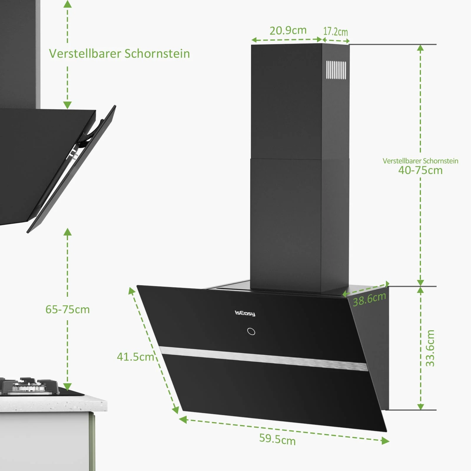 Dunstabzugshaube 60 cm, IsEasy Umluft Dunstabzugshaube mit 578 m³/h starke Saugleistung, 4 Einstellstufen, Abluftmodus, 1–9min Verzögerungs-Ausschaltfunktion, Min 35dB, Schwarz, Effizienz A++ - Image 8